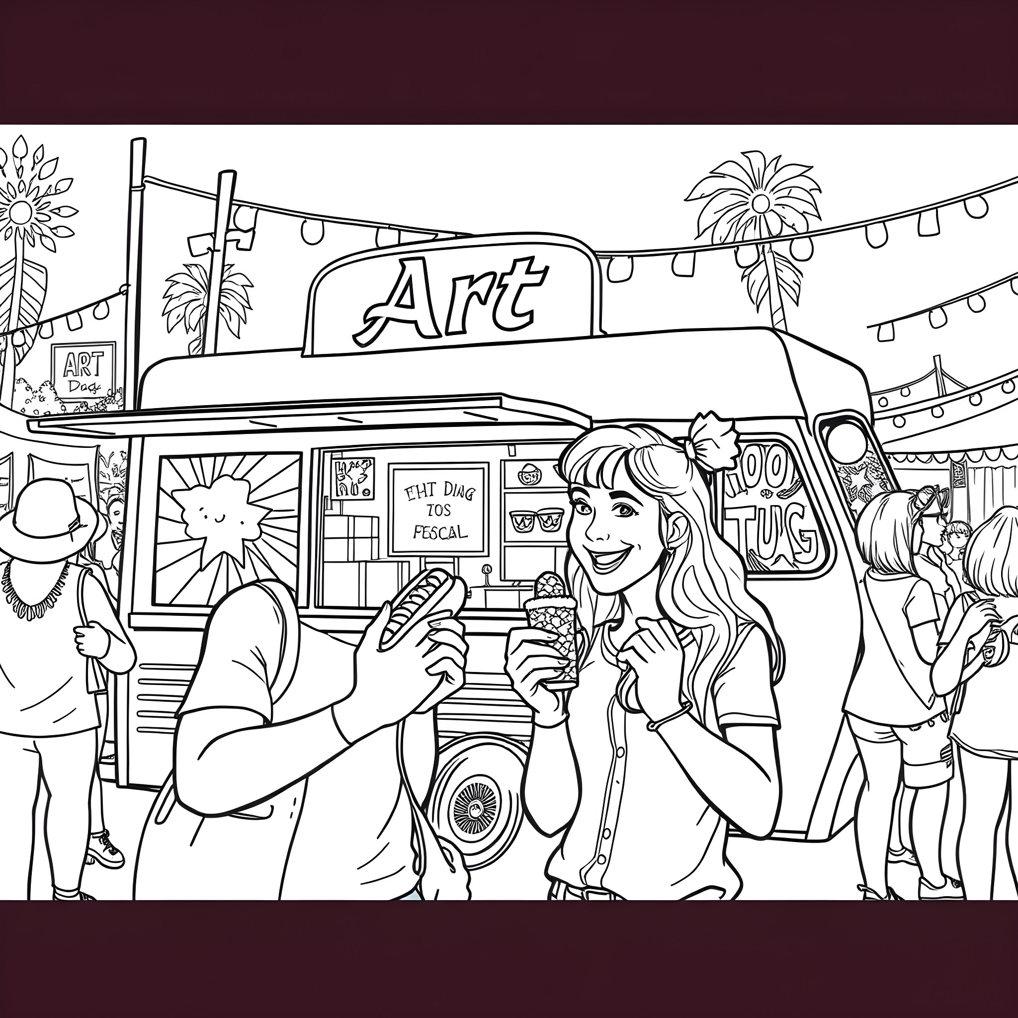 Husband and wife enjoying an art festival together Coloring Page (free black-and-white line drawing printable PDF for all, from beginners to advanced learners, including children, teens, adults, and seniors)