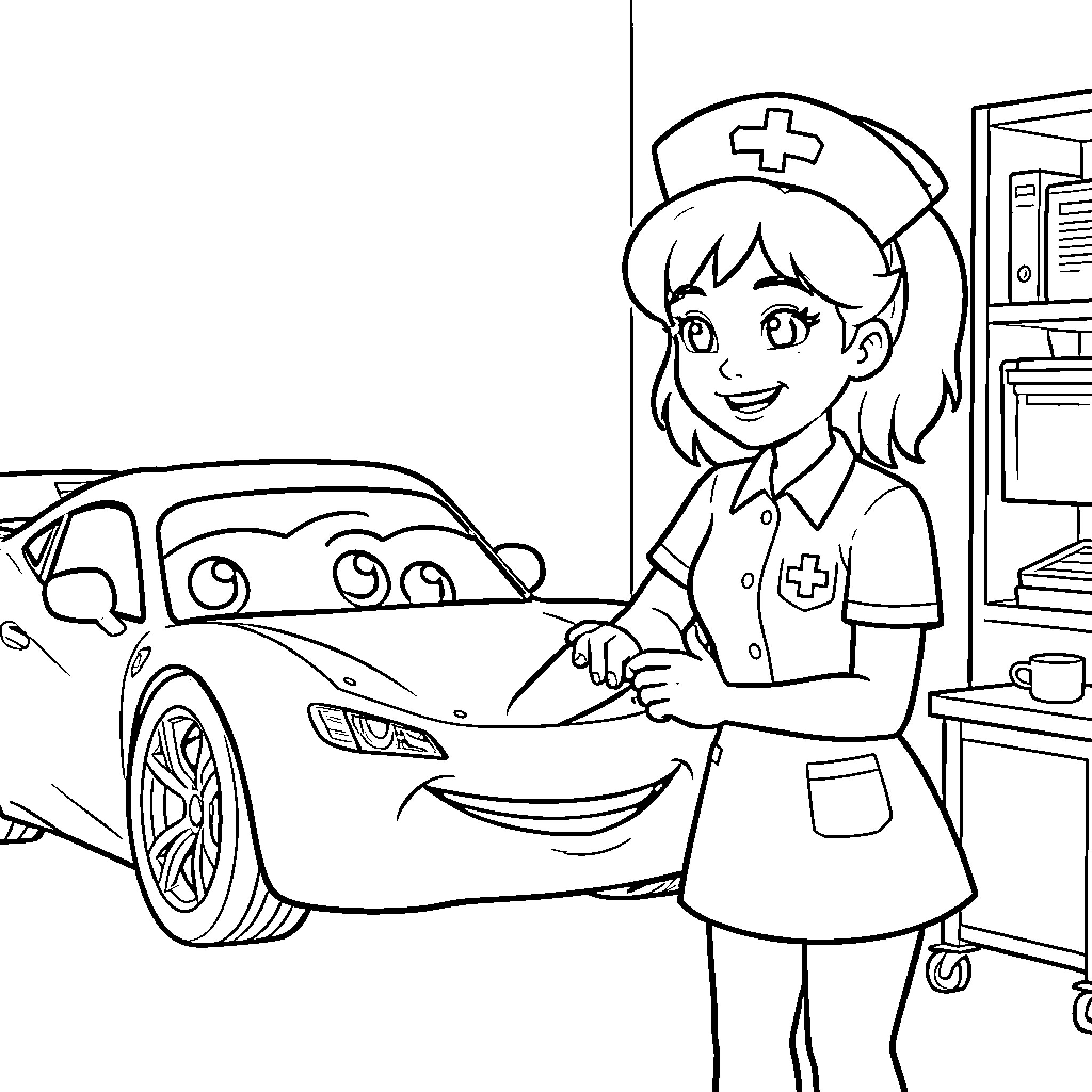 Rayo McQueen's medical checkup with a friendly nurse Coloring Page (free black-and-white line drawing printable PDF for all, from beginners to advanced learners, including children, teens, adults, and seniors)