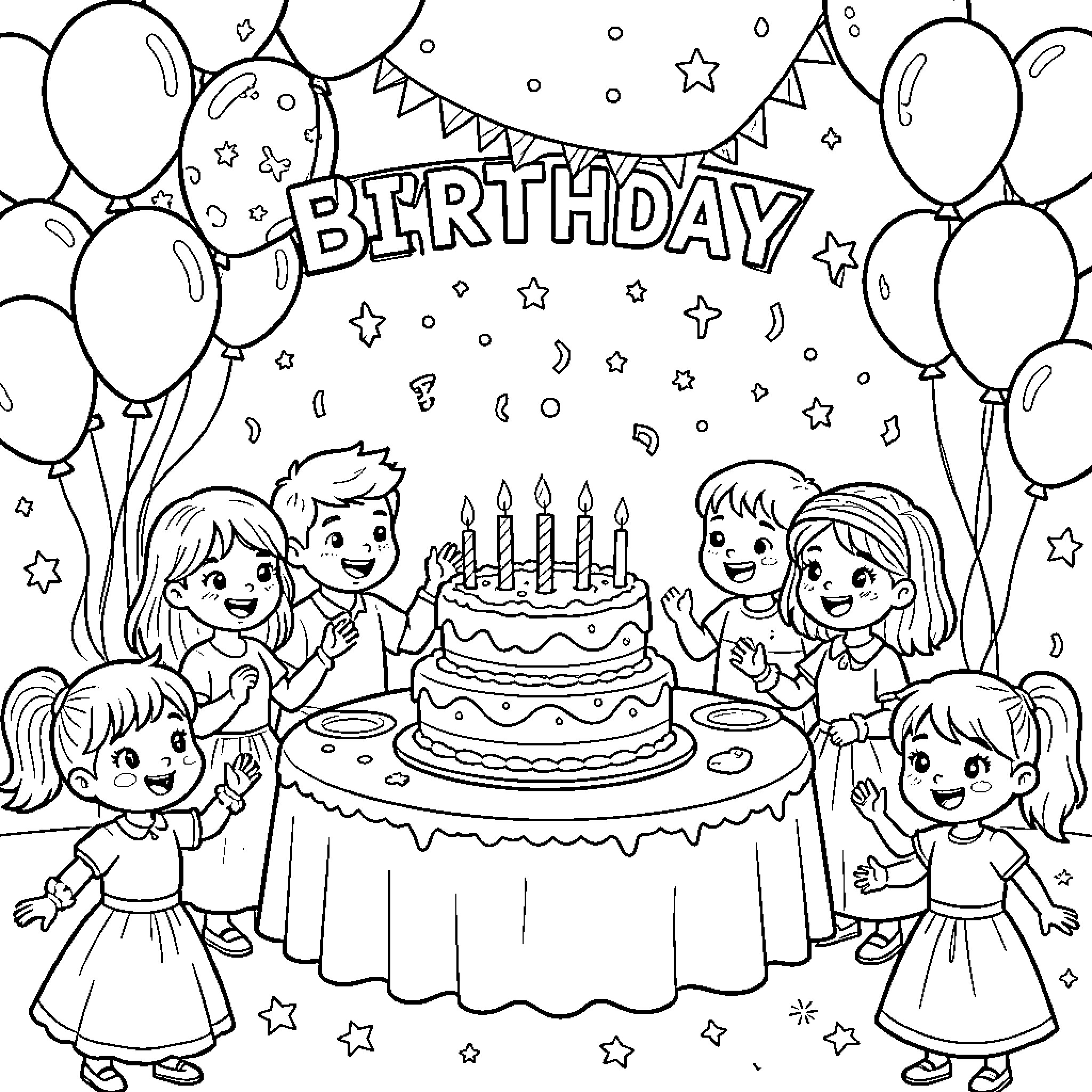 Birthday party with friends and cake Coloring Page (free black-and-white line drawing printable PDF for all, from beginners to advanced learners, including children, teens, adults, and seniors)