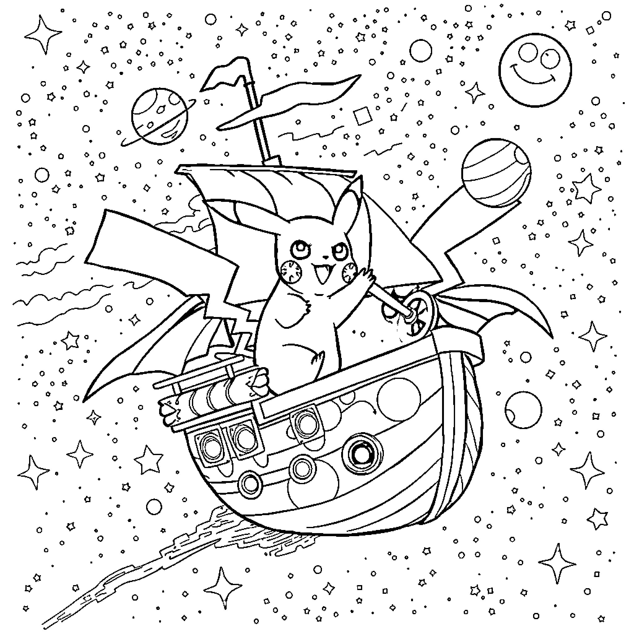 Pikachu's Cosmic Adventure Coloring Page (free black-and-white line drawing printable PDF for all, from beginners to advanced learners, including children, teens, adults, and seniors)