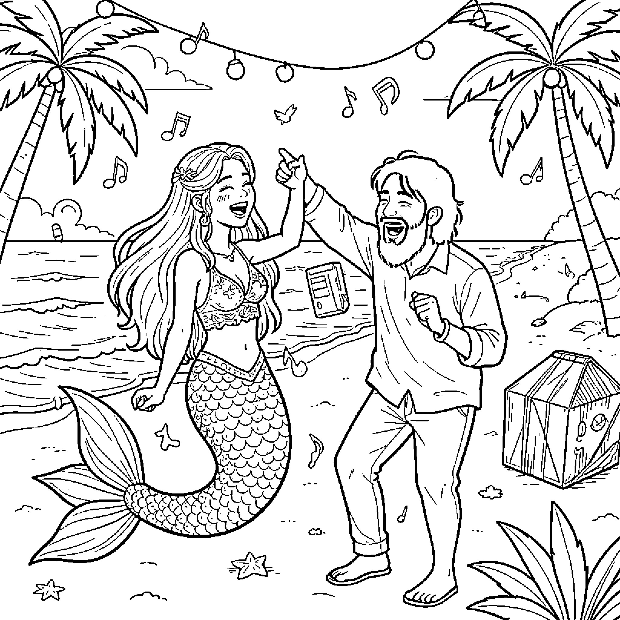 Mermaid and man dancing joyfully on the beach Coloring Page (free black-and-white line drawing printable PDF for all, from beginners to advanced learners, including children, teens, adults, and seniors)