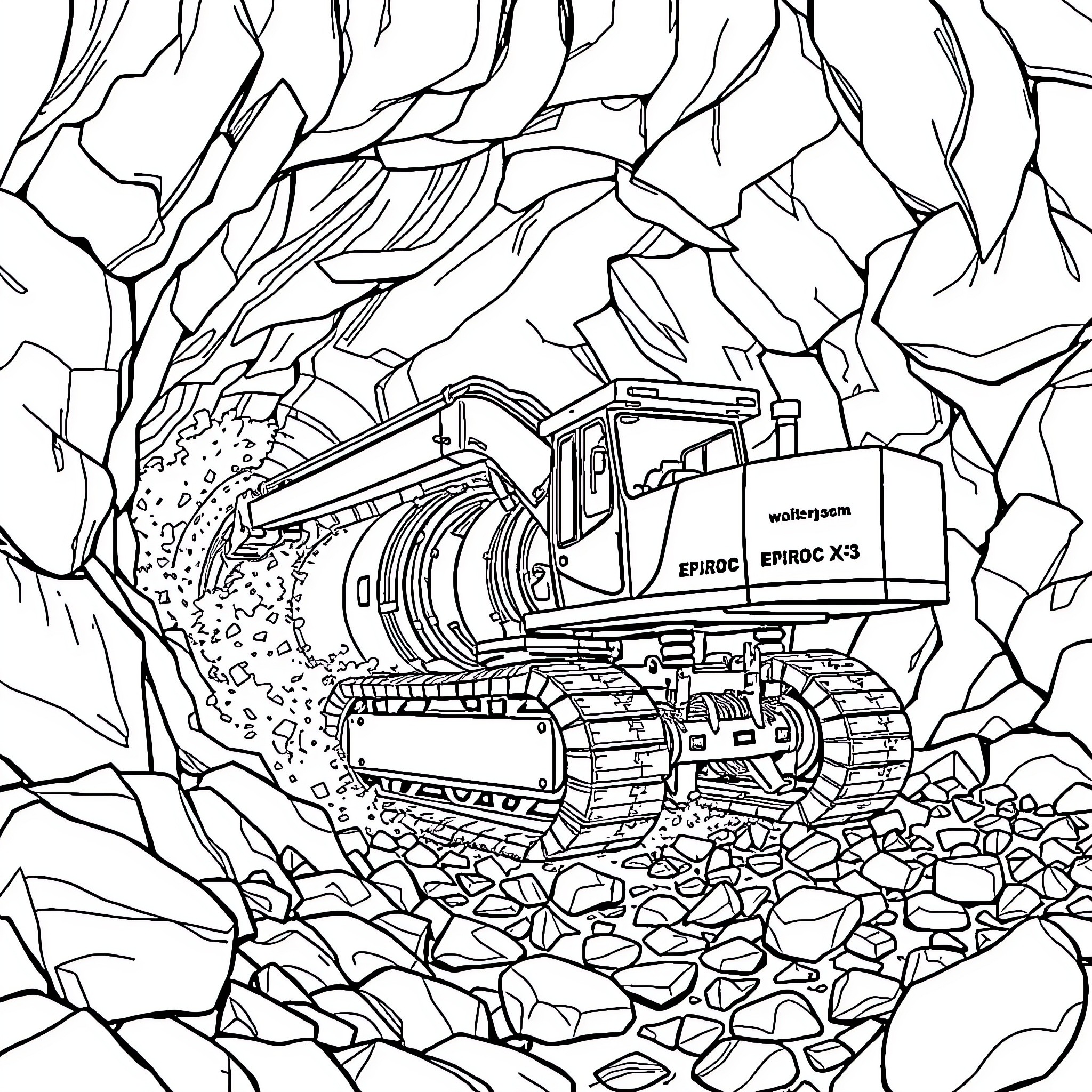 Epiroc xe3 Mining Vehicle Navigating Rocky Terrain Coloring Page (free black-and-white line drawing printable PDF for all, from beginners to advanced learners, including children, teens, adults, and seniors)