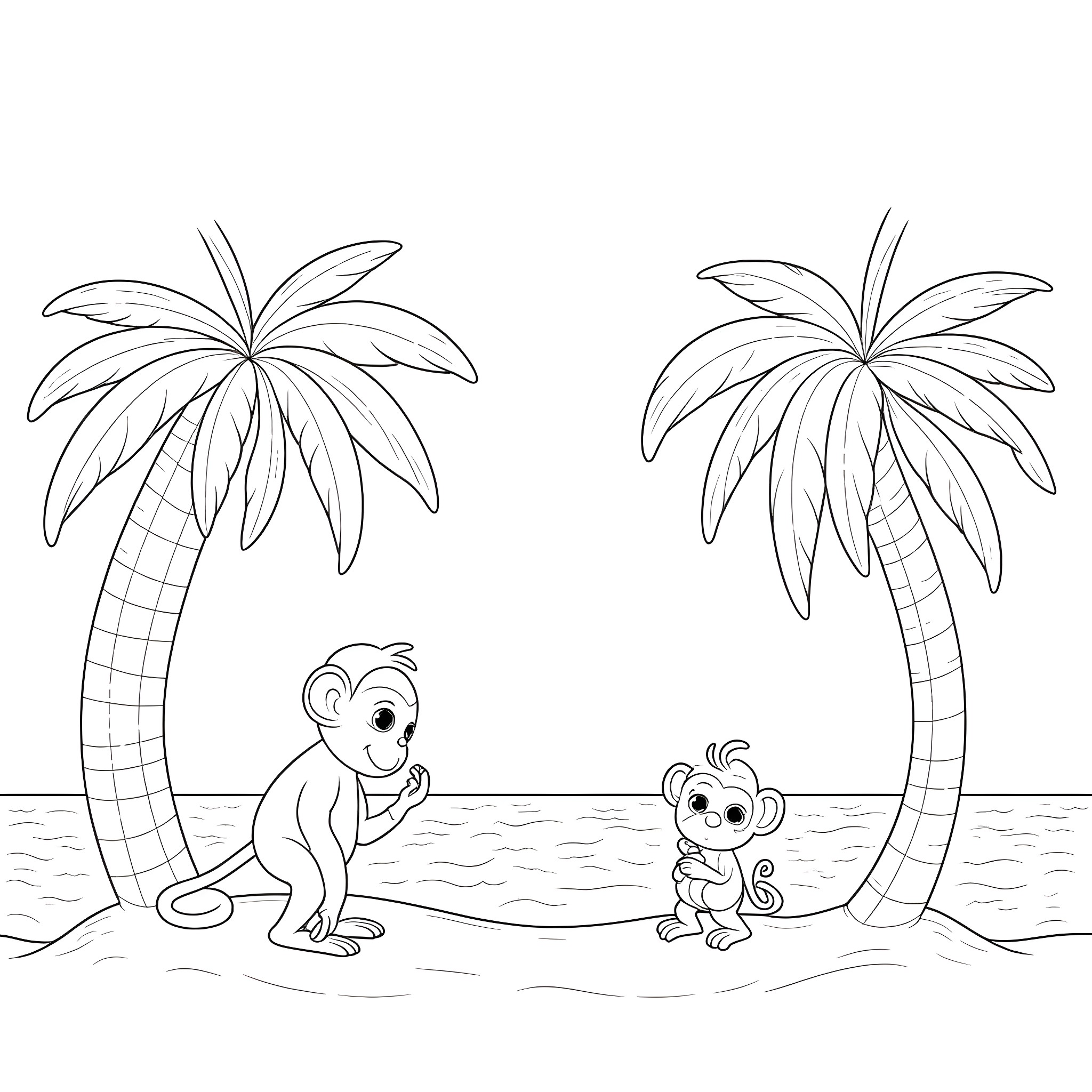 Monkeys playing on the beach under palm trees Coloring Page (free black-and-white line drawing printable PDF for all, from beginners to advanced learners, including children, teens, adults, and seniors)