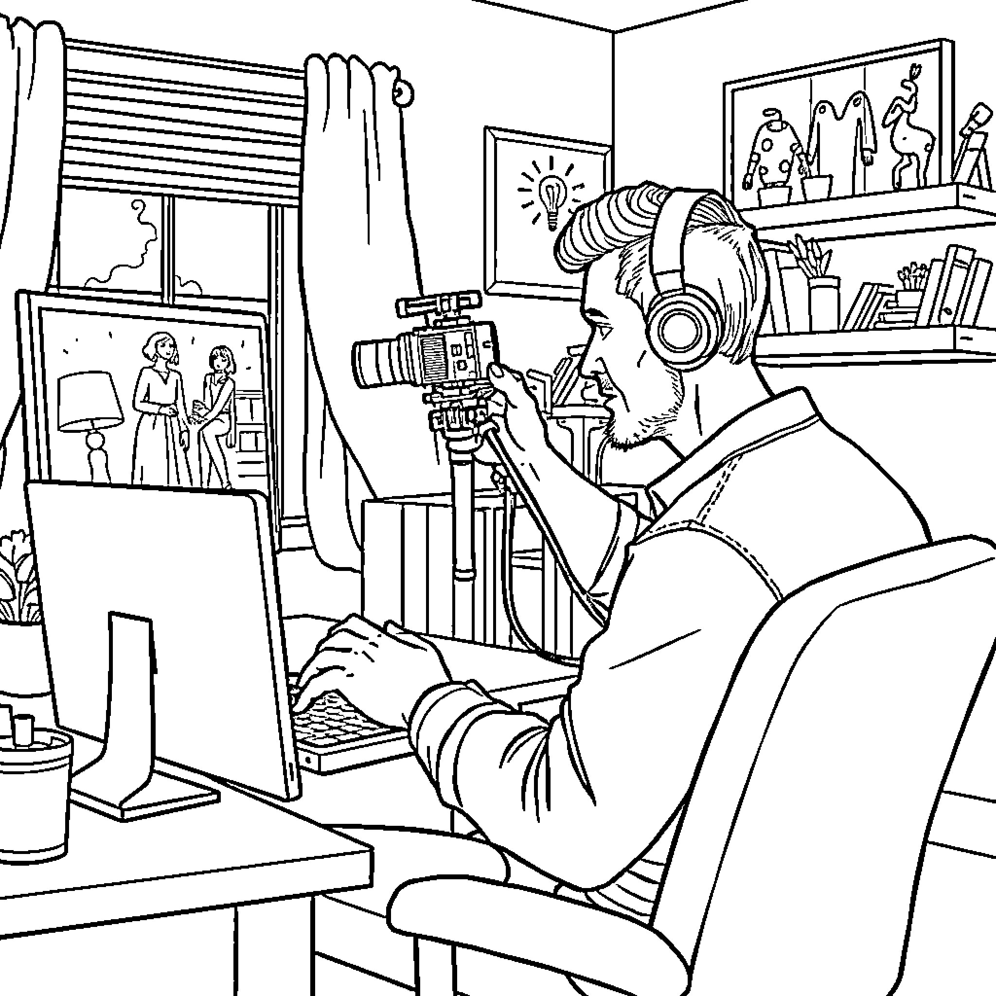 Guy filming in his home studio Coloring Page (free black-and-white line drawing printable PDF for all, from beginners to advanced learners, including children, teens, adults, and seniors)