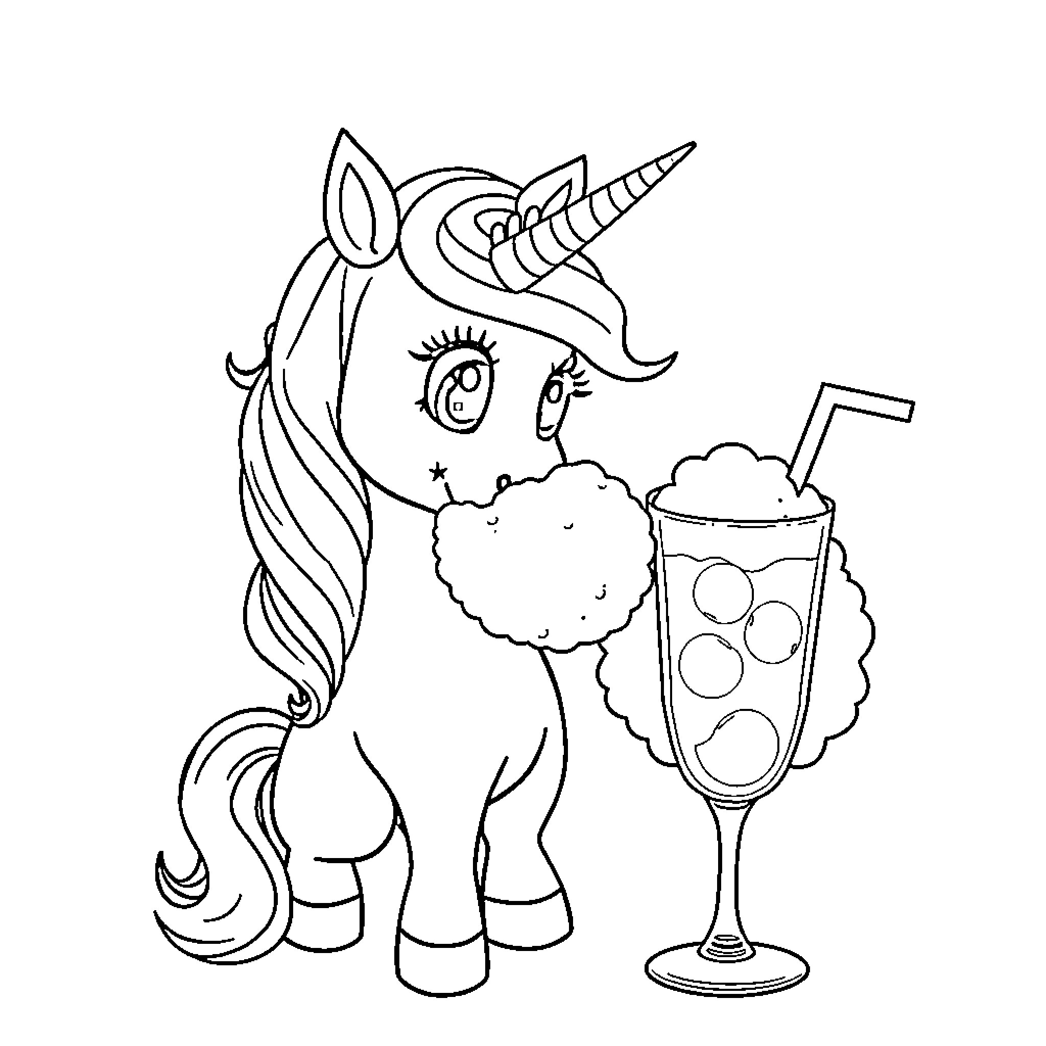 Unicorn enjoying a refreshing beverage Coloring Page (free black-and-white line drawing printable PDF for all, from beginners to advanced learners, including children, teens, adults, and seniors)