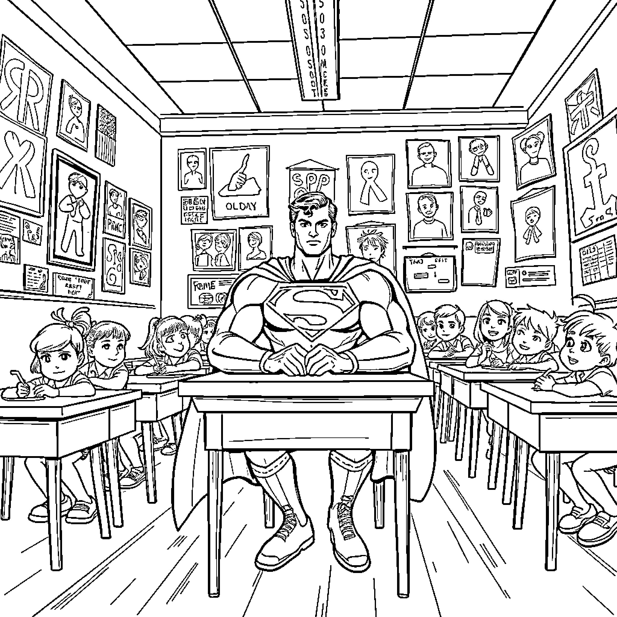 Superman Teaching Students in a Classroom Coloring Page (free black-and-white line drawing printable PDF for all, from beginners to advanced learners, including children, teens, adults, and seniors)