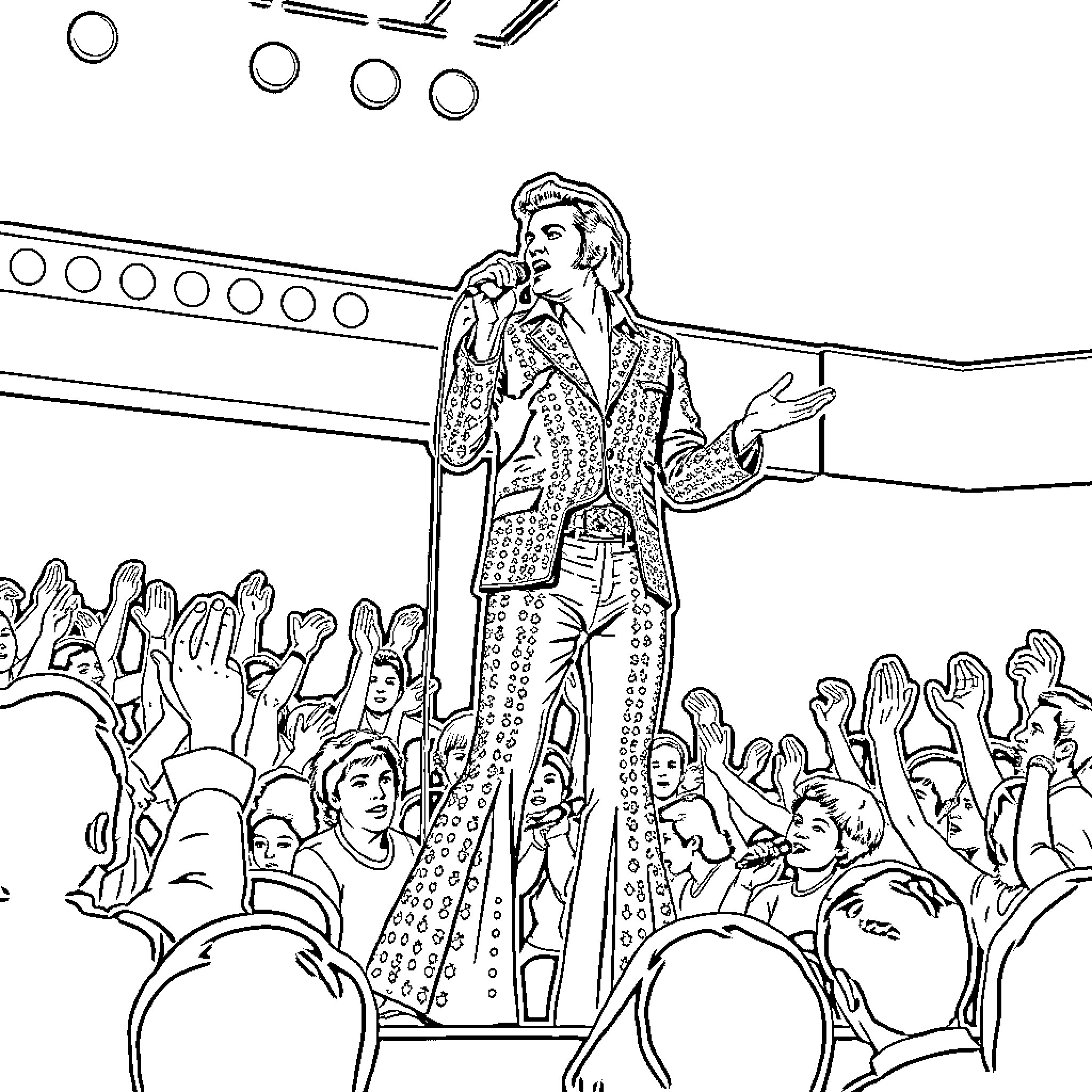 Elvis Presley performing on stage in iconic outfit Coloring Page (free black-and-white line drawing printable PDF for all, from beginners to advanced learners, including children, teens, adults, and seniors)