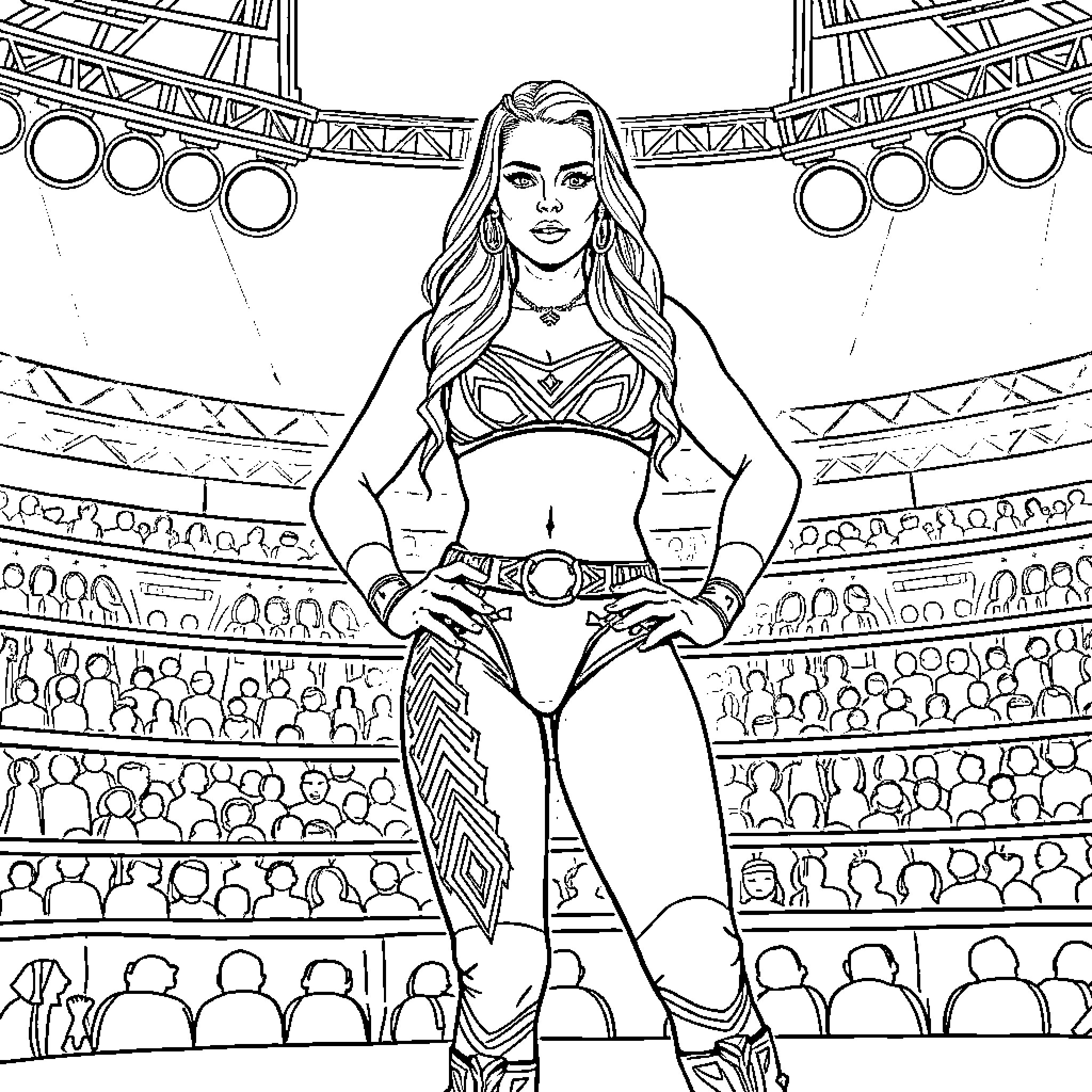 Liv Morgan's Confident Appearance on Stage Coloring Page (free black-and-white line drawing printable PDF for all, from beginners to advanced learners, including children, teens, adults, and seniors)