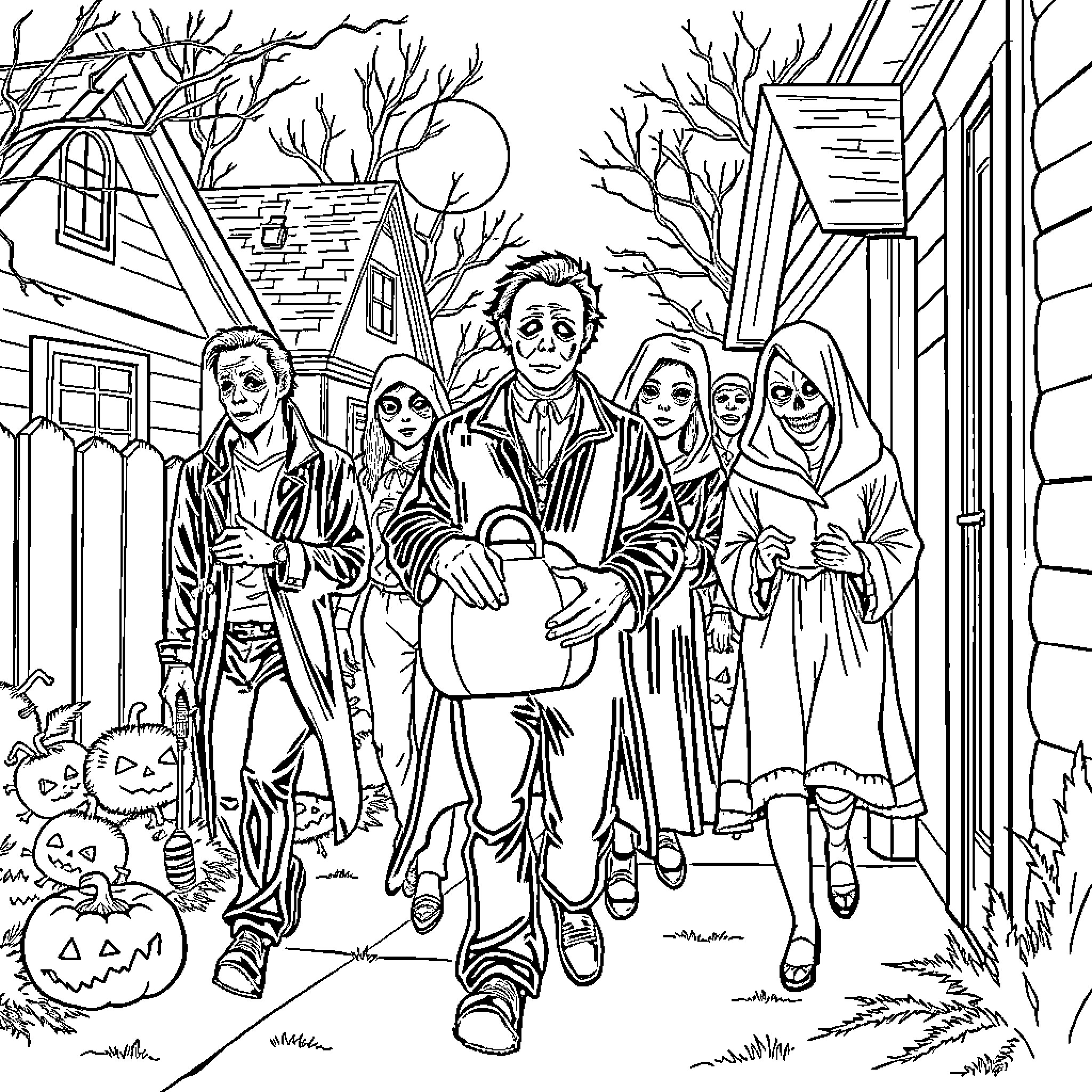 Michael Myers and family on a Halloween night adventure Coloring Page (free black-and-white line drawing printable PDF for all, from beginners to advanced learners, including children, teens, adults, and seniors)