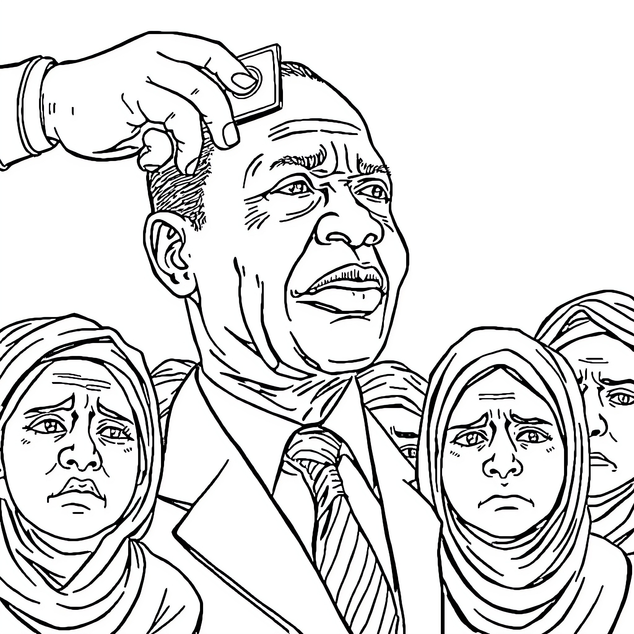 Jacob Zuma Surrounded by Serious Expressions Coloring Page (free black-and-white line drawing printable PDF for all, from beginners to advanced learners, including children, teens, adults, and seniors)