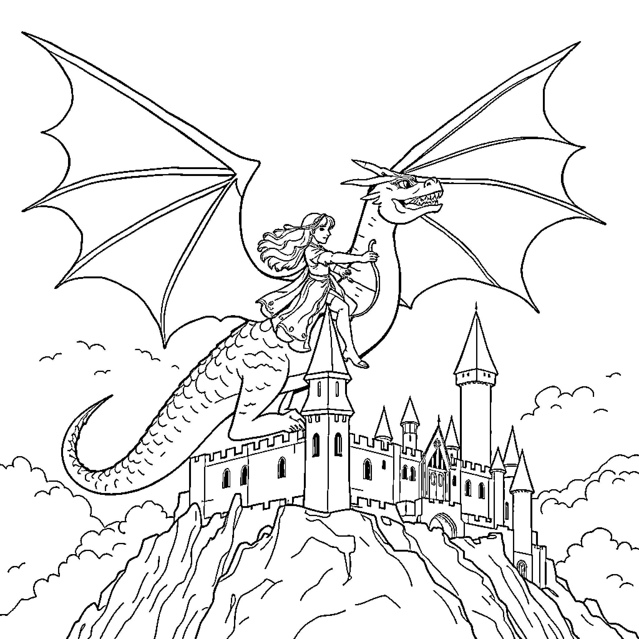 Dragon Princess riding a magical dragon over a castle Coloring Page (free black-and-white line drawing printable PDF for all, from beginners to advanced learners, including children, teens, adults, and seniors)