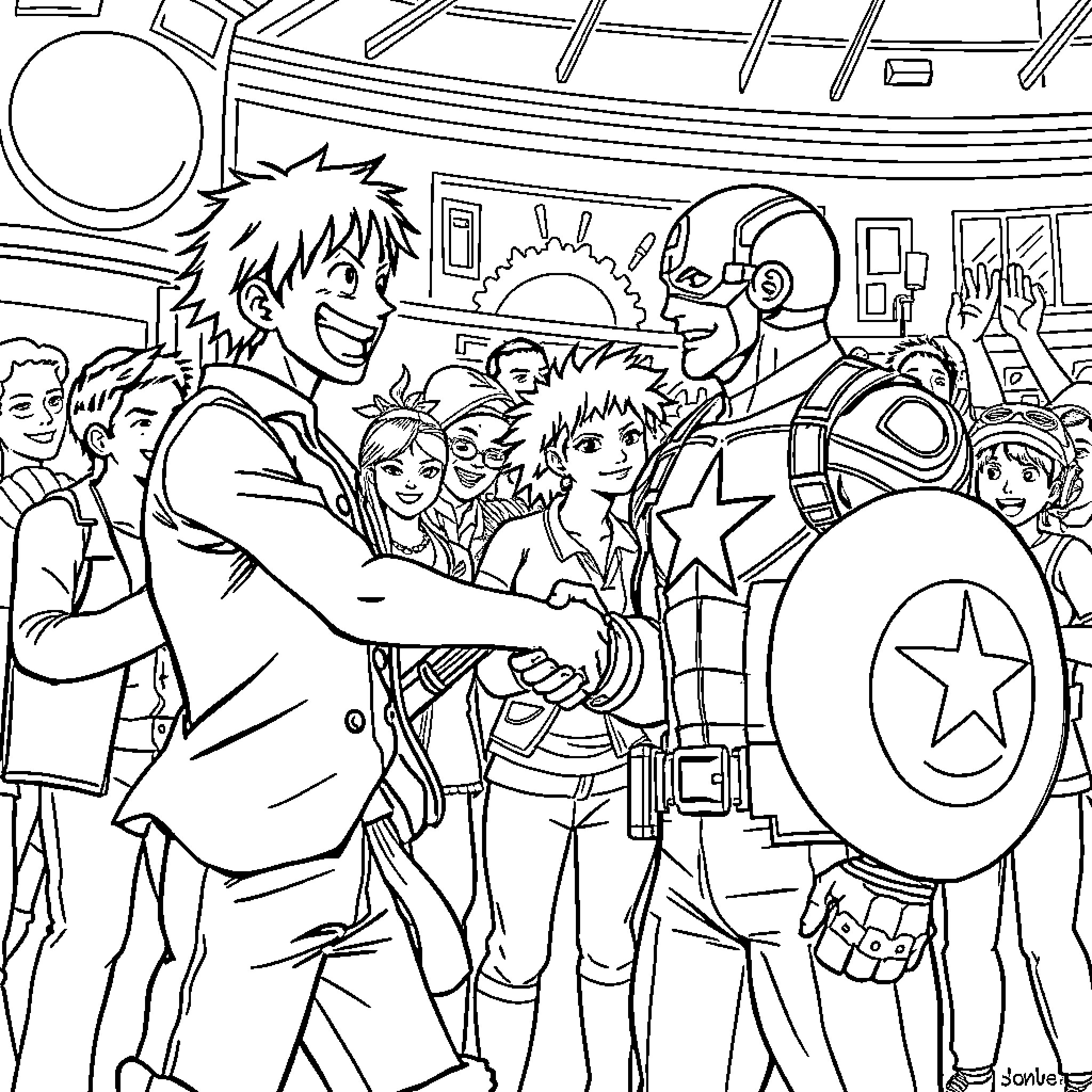 Luffy Celebrating with Friends in Colorful Gathering Coloring Page (free black-and-white line drawing printable PDF for all, from beginners to advanced learners, including children, teens, adults, and seniors)