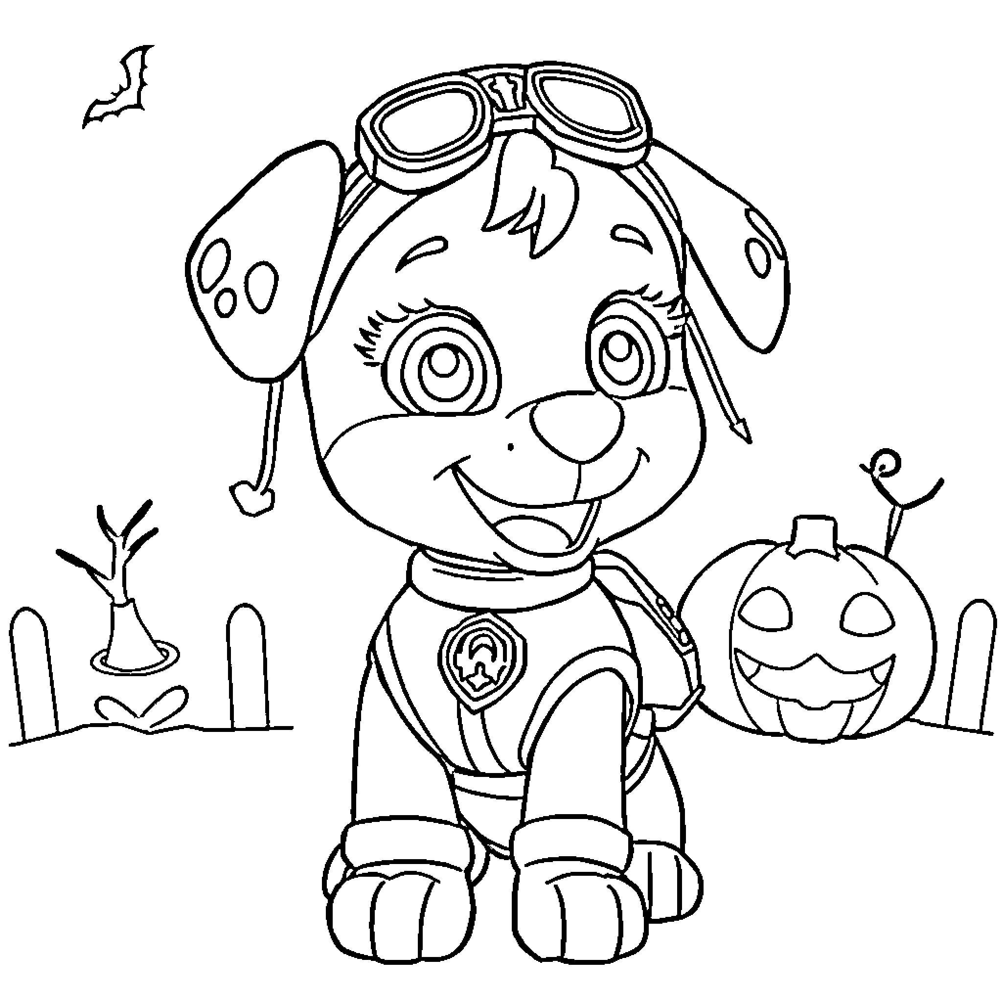 Skye the Paw Patrol Pup Exploring Halloween Scene Coloring Page (free black-and-white line drawing printable PDF for all, from beginners to advanced learners, including children, teens, adults, and seniors)