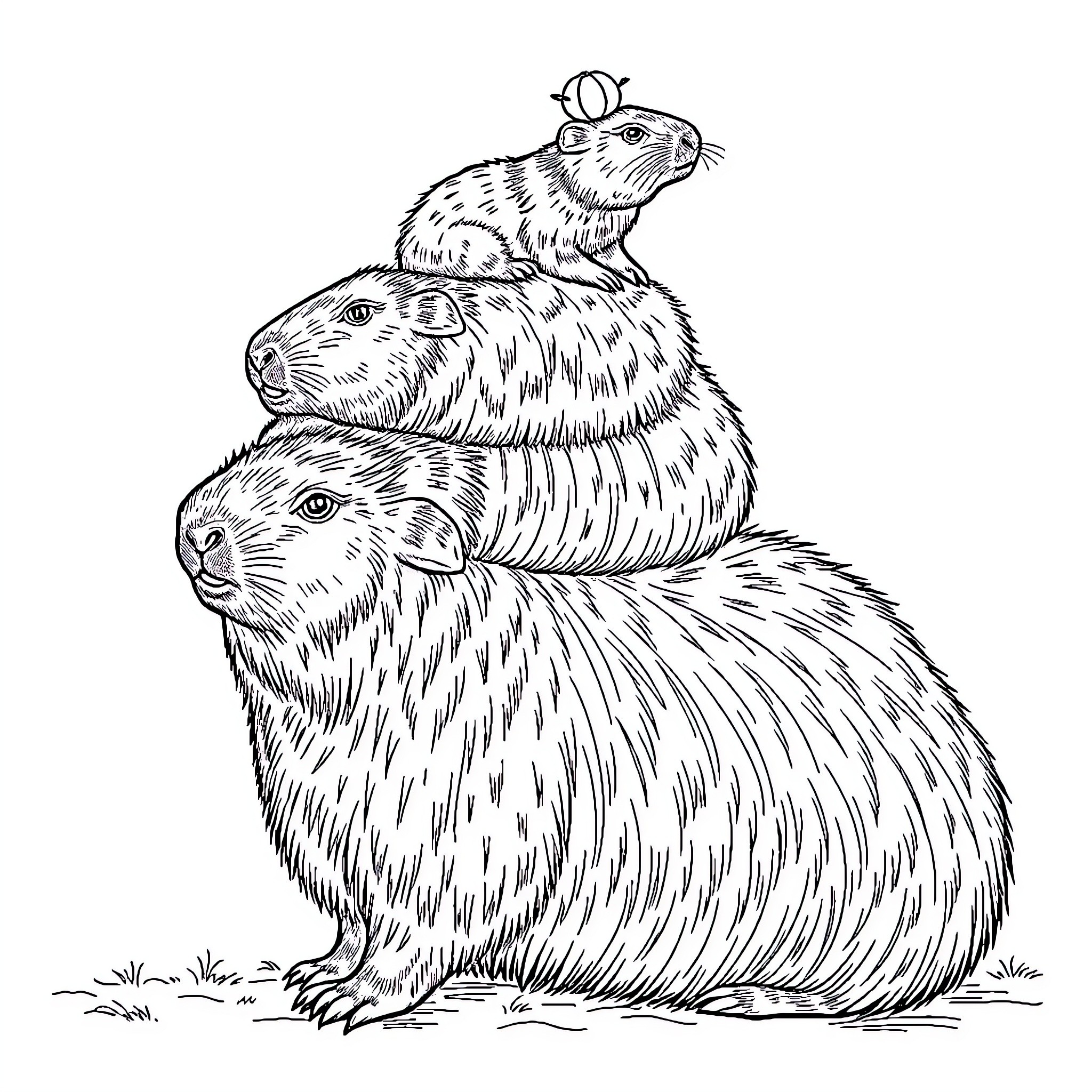 Capybara family bonding outdoors Coloring Page (free black-and-white line drawing printable PDF for all, from beginners to advanced learners, including children, teens, adults, and seniors)
