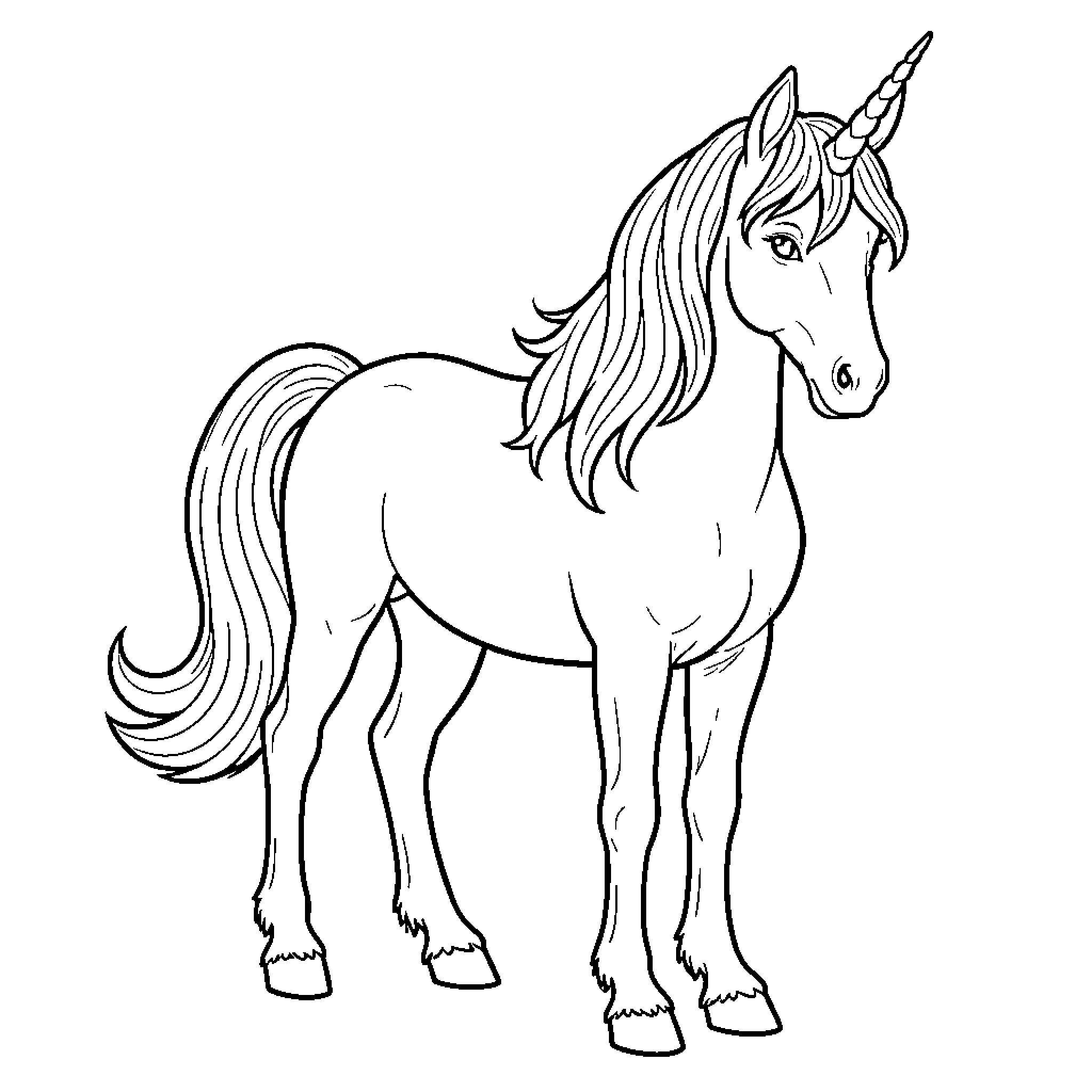 Unicorn standing gracefully with a flowing mane Coloring Page (free black-and-white line drawing printable PDF for all, from beginners to advanced learners, including children, teens, adults, and seniors)