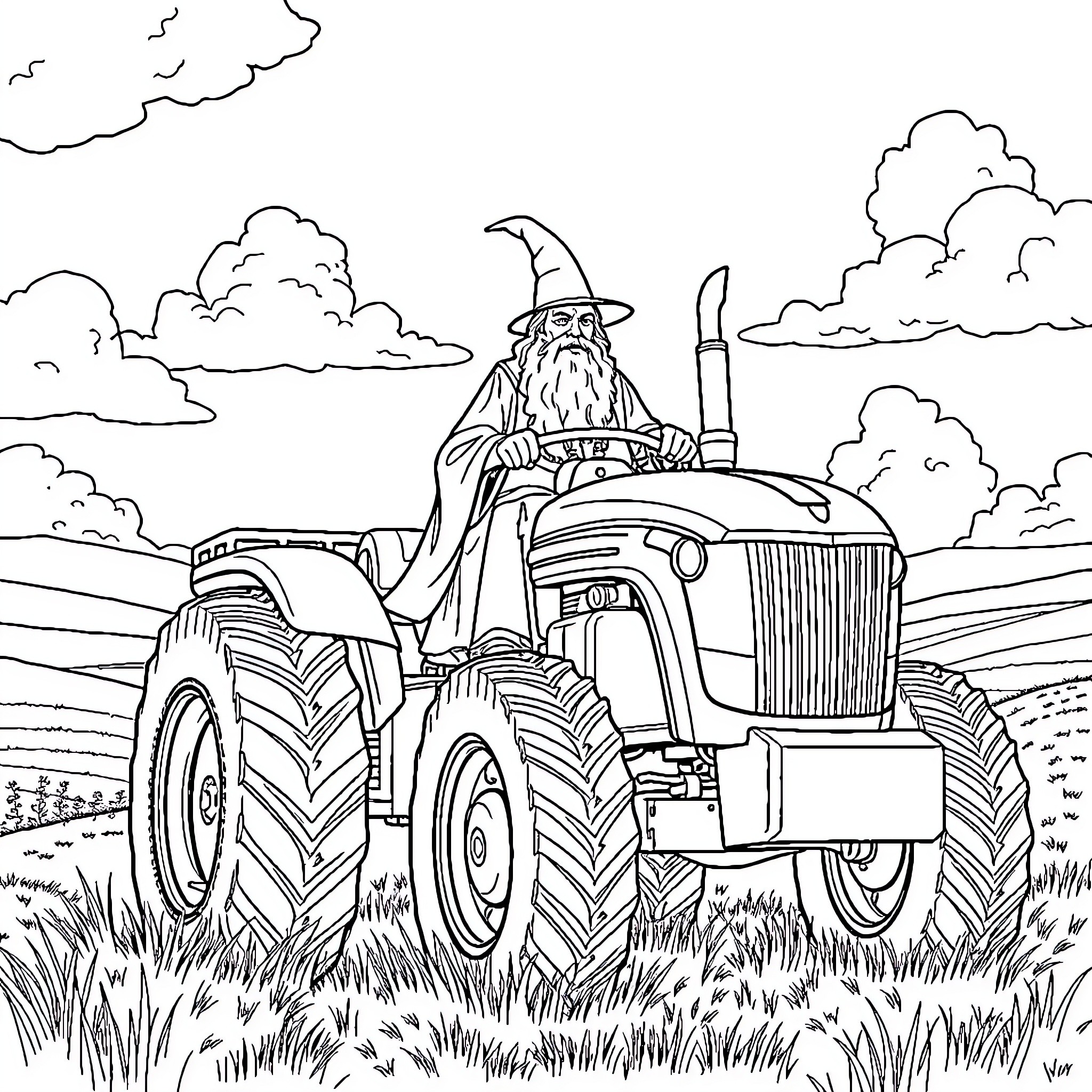 Gandalf driving a tractor in a rural landscape Coloring Page (free black-and-white line drawing printable PDF for all, from beginners to advanced learners, including children, teens, adults, and seniors)