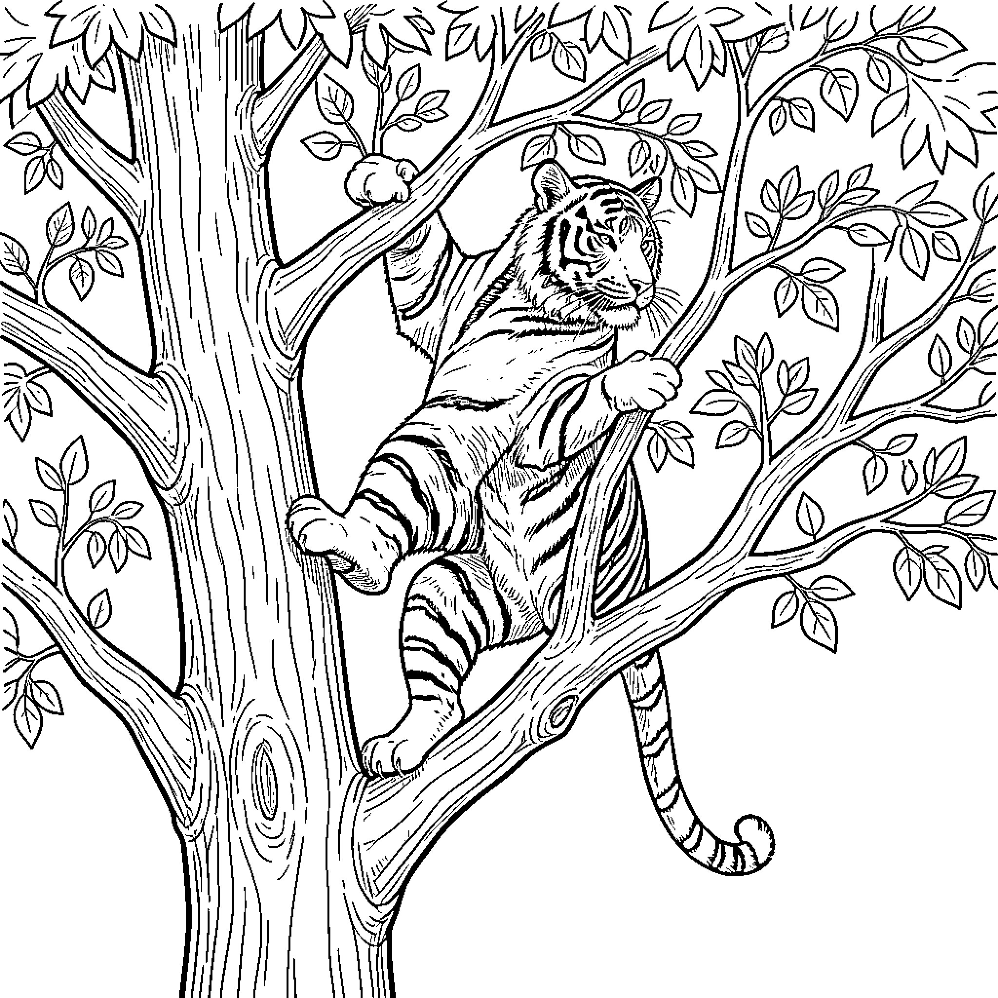 Tiger resting on tree branch in forest Coloring Page (free black-and-white line drawing printable PDF for all, from beginners to advanced learners, including children, teens, adults, and seniors)