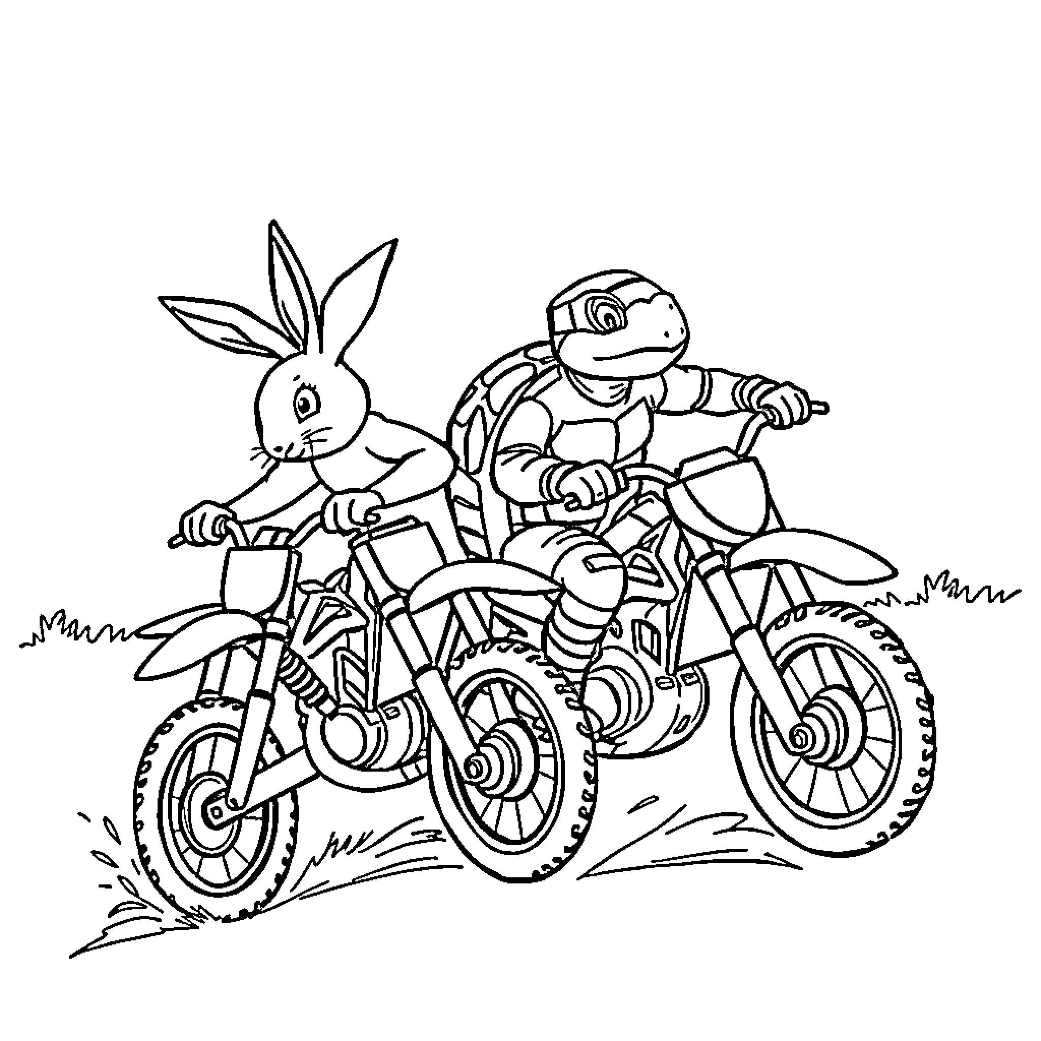 Rabbit riding motorcycle with robot companion Coloring Page (free black-and-white line drawing printable PDF for all, from beginners to advanced learners, including children, teens, adults, and seniors)