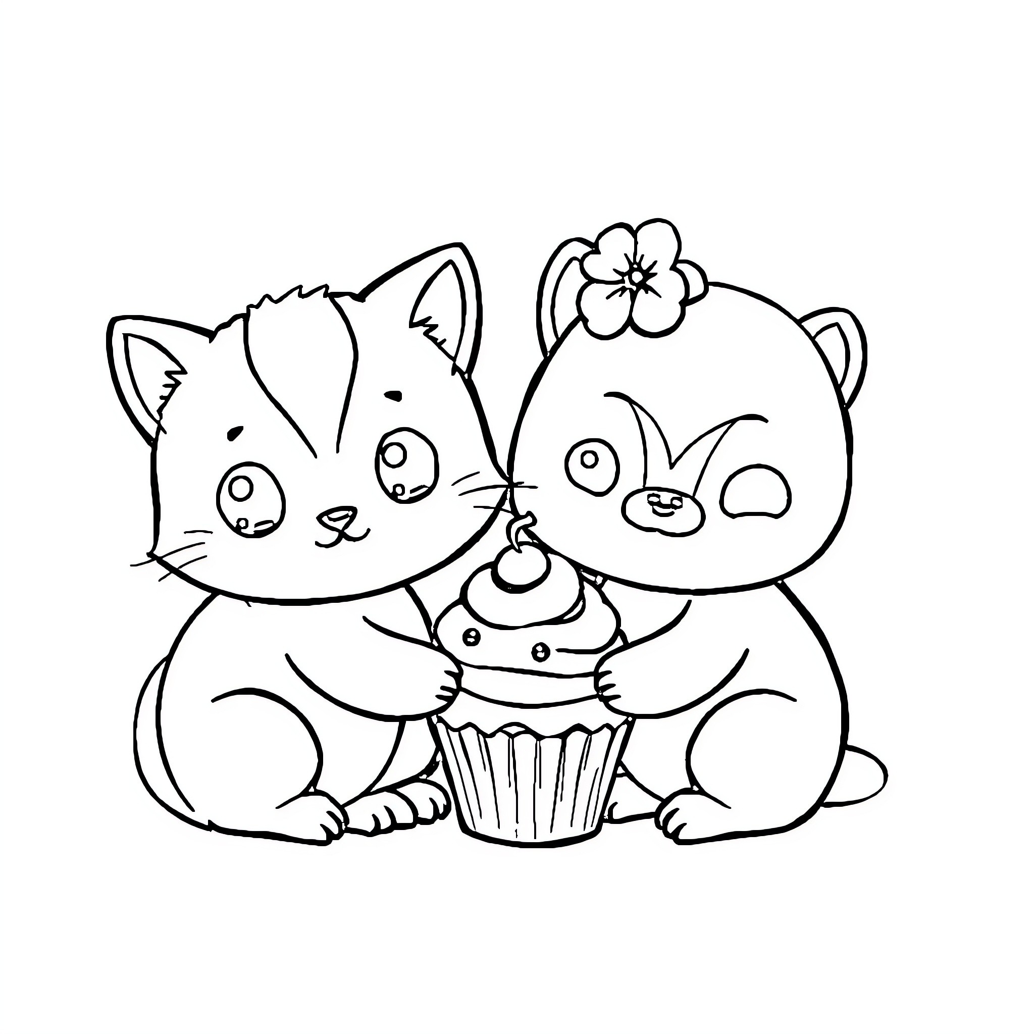 Kawaii kittens sharing a cupcake Coloring Page (free black-and-white line drawing printable PDF for all, from beginners to advanced learners, including children, teens, adults, and seniors)