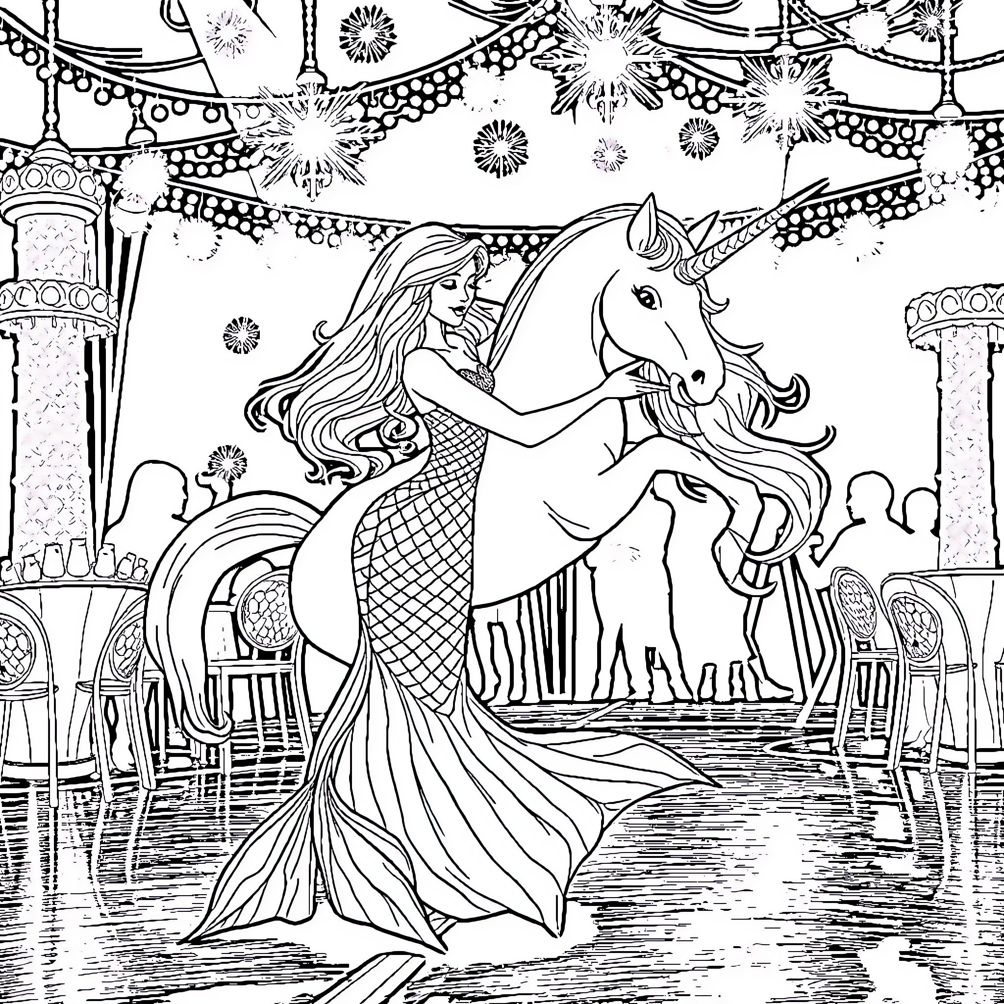 Mermaid dancing gracefully with a magical unicorn Coloring Page (free black-and-white line drawing printable PDF for all, from beginners to advanced learners, including children, teens, adults, and seniors)