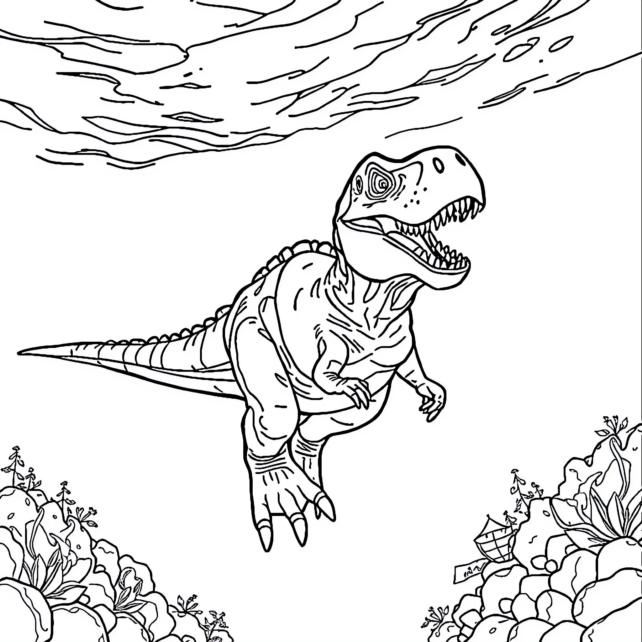 Dinosaur roaring with open mouth in nature scene Coloring Page (free black-and-white line drawing printable PDF for all, from beginners to advanced learners, including children, teens, adults, and seniors)