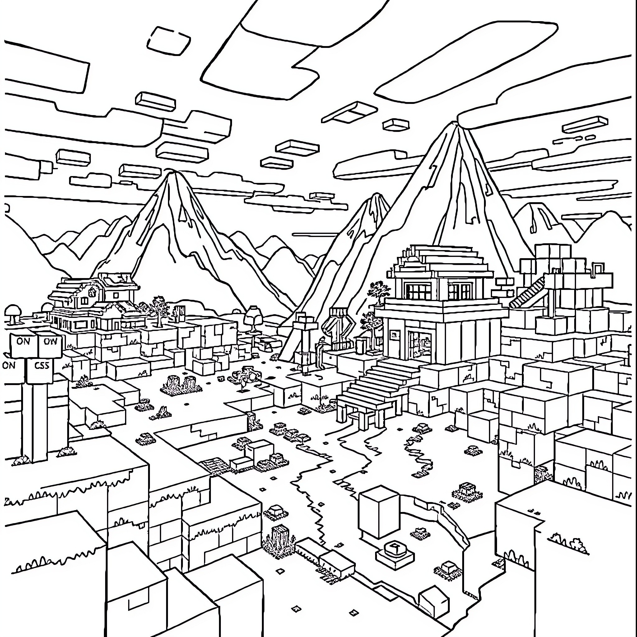 Minecraft Mountainous Landscape with Structures and Vehicles Coloring Page (free black-and-white line drawing printable PDF for all, from beginners to advanced learners, including children, teens, adults, and seniors)
