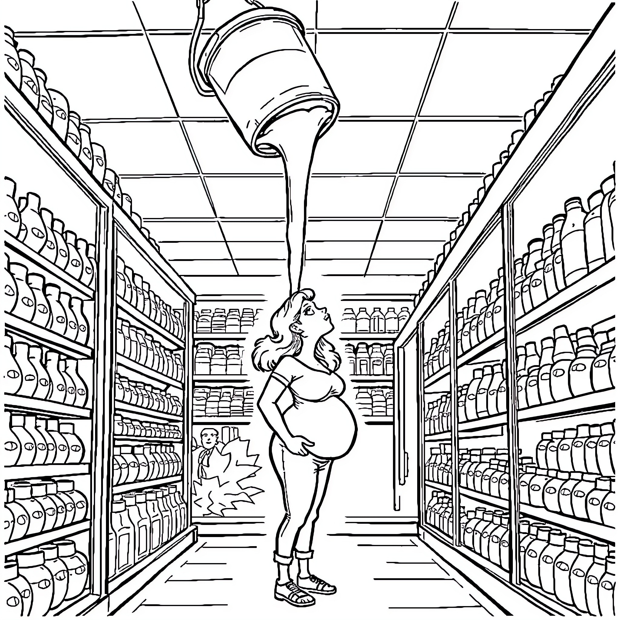 Pregnant Lady Shopping in a Grocery Store Coloring Page (free black-and-white line drawing printable PDF for all, from beginners to advanced learners, including children, teens, adults, and seniors)
