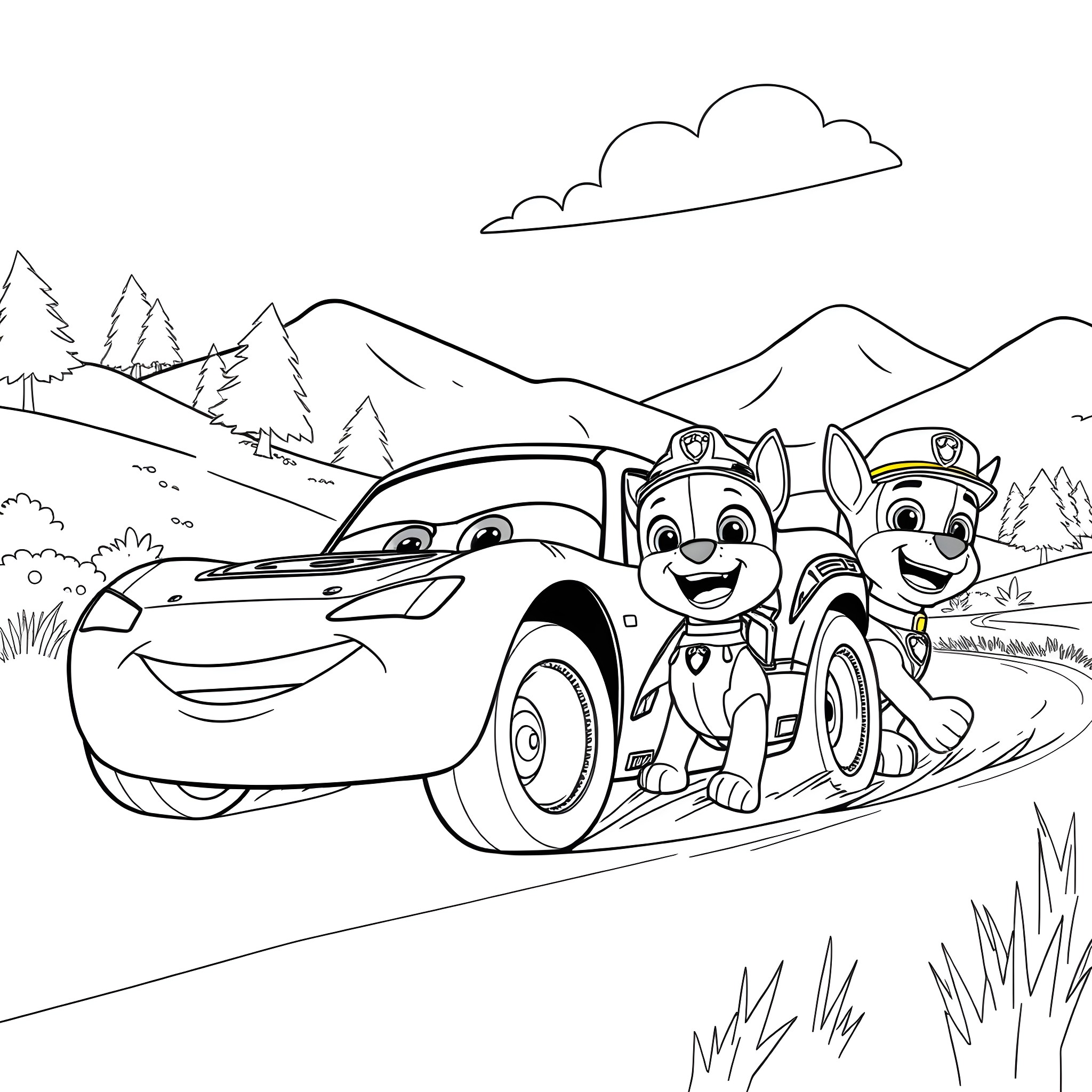 Lightning McQueen and pups on outdoor adventure Coloring Page (free black-and-white line drawing printable PDF for all, from beginners to advanced learners, including children, teens, adults, and seniors)