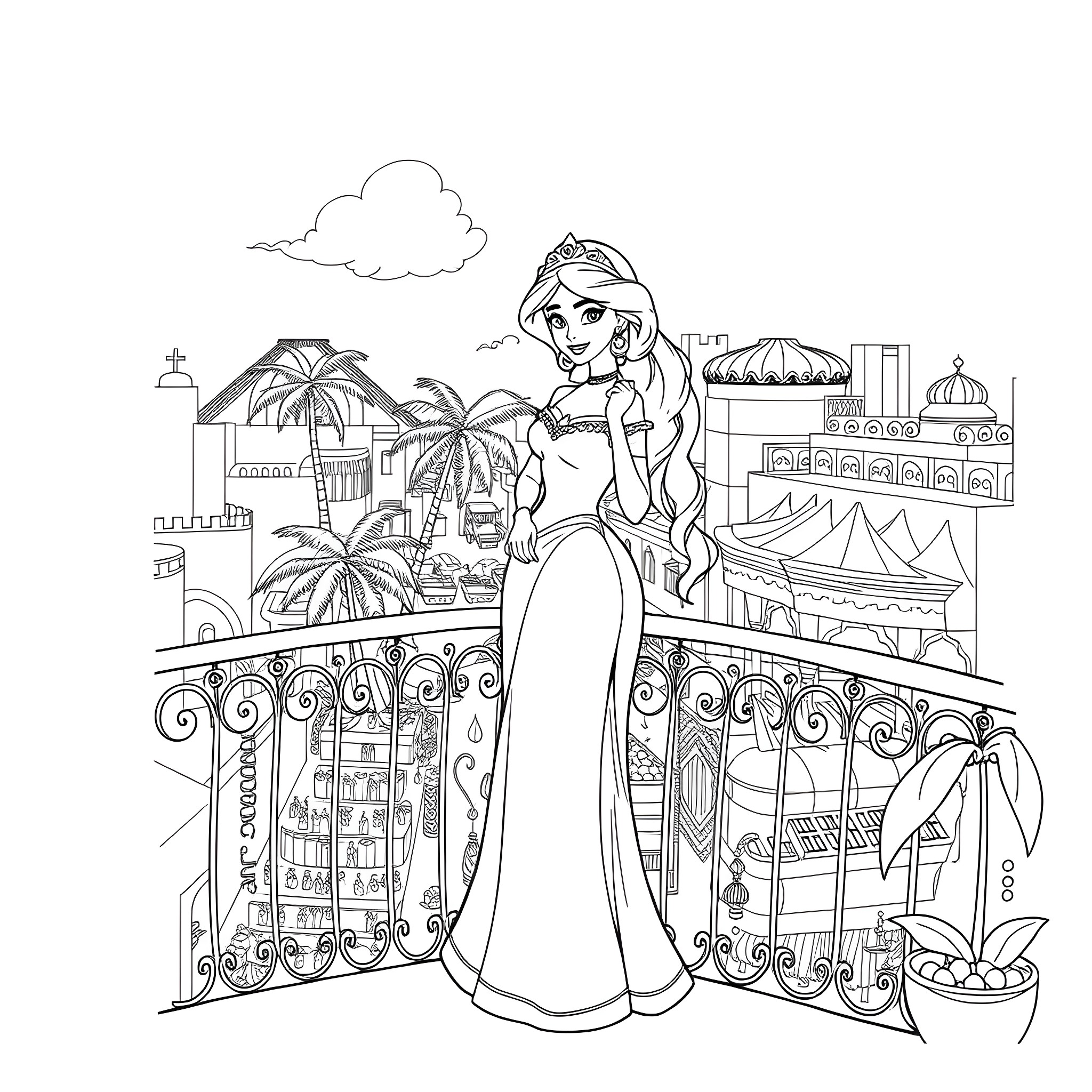 Jasmine's Arabian Nights Adventure Coloring Page (free black-and-white line drawing printable PDF for all, from beginners to advanced learners, including children, teens, adults, and seniors)