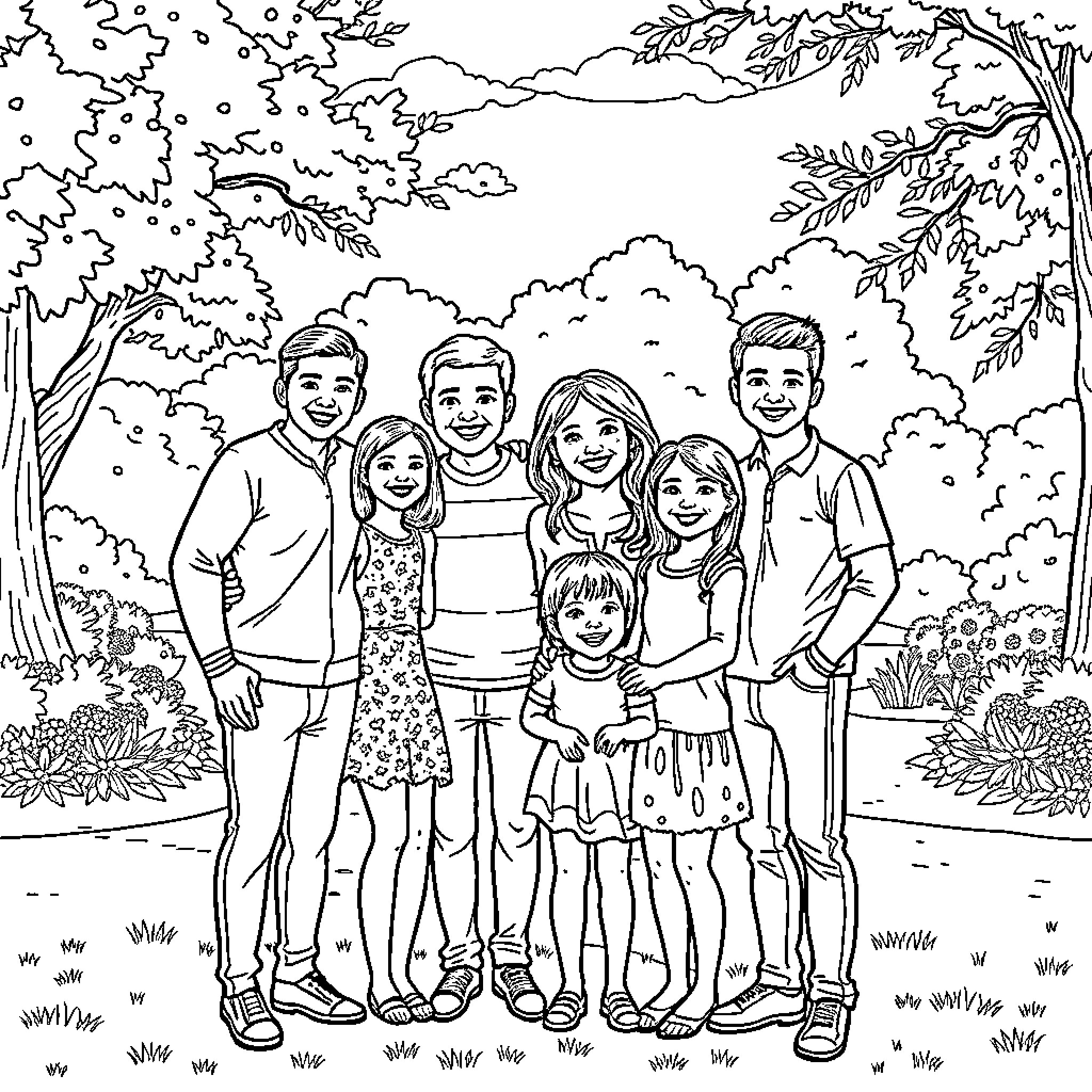 Family enjoying outdoors in nature Coloring Page (free black-and-white line drawing printable PDF for all, from beginners to advanced learners, including children, teens, adults, and seniors)