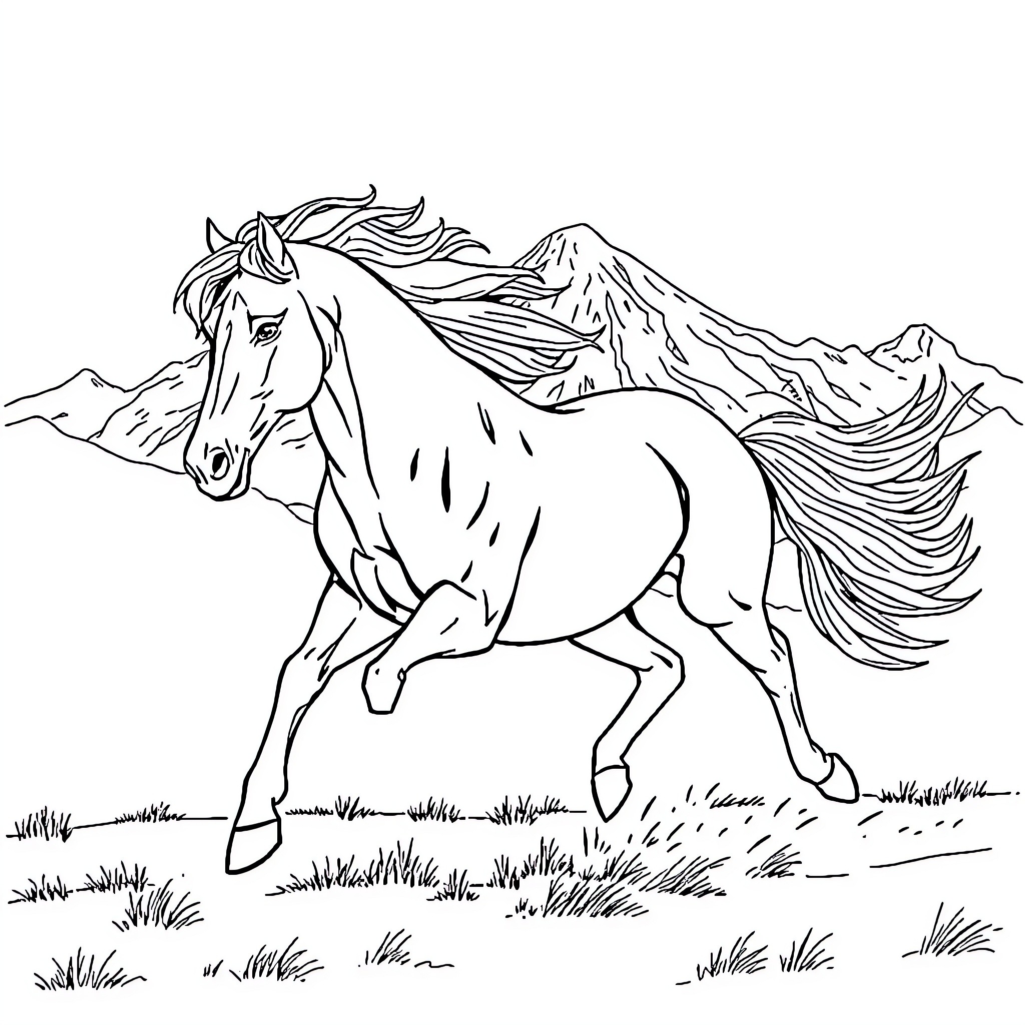 Horse galloping through the mountainous terrain Coloring Page (free black-and-white line drawing printable PDF for all, from beginners to advanced learners, including children, teens, adults, and seniors)