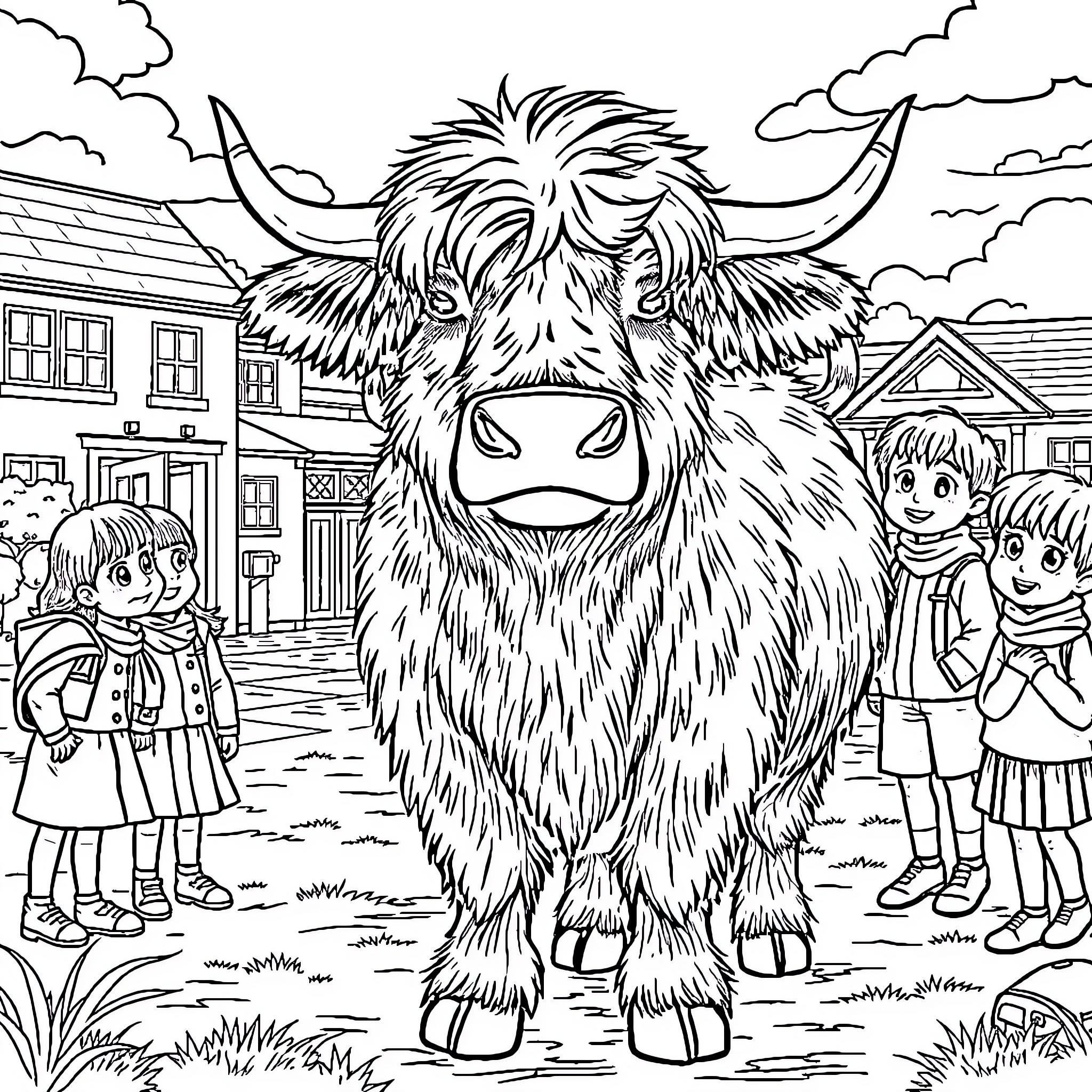 Highland Cow meeting children in the village Coloring Page (free black-and-white line drawing printable PDF for all, from beginners to advanced learners, including children, teens, adults, and seniors)