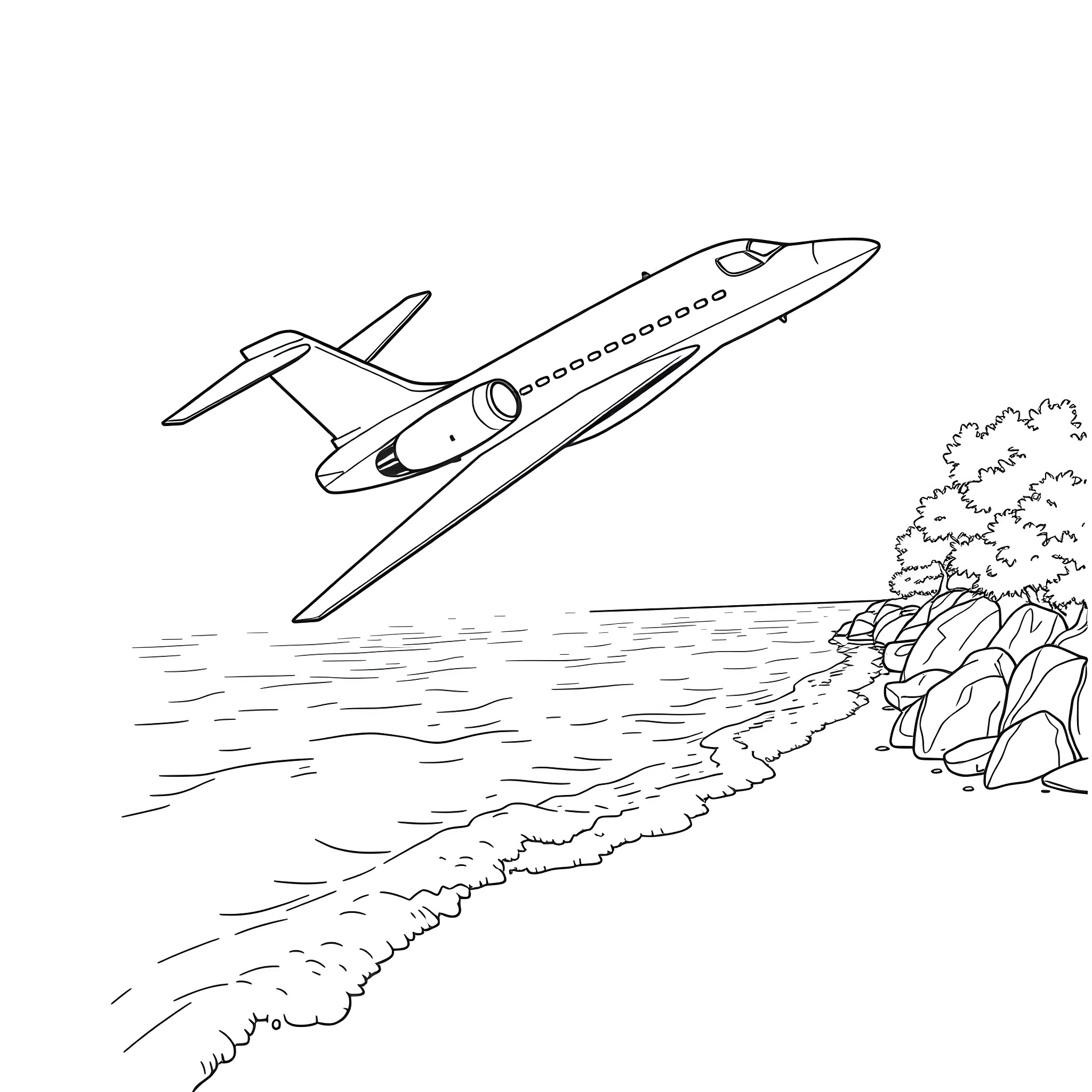Learjet soaring above the ocean landscape Coloring Page (free black-and-white line drawing printable PDF for all, from beginners to advanced learners, including children, teens, adults, and seniors)