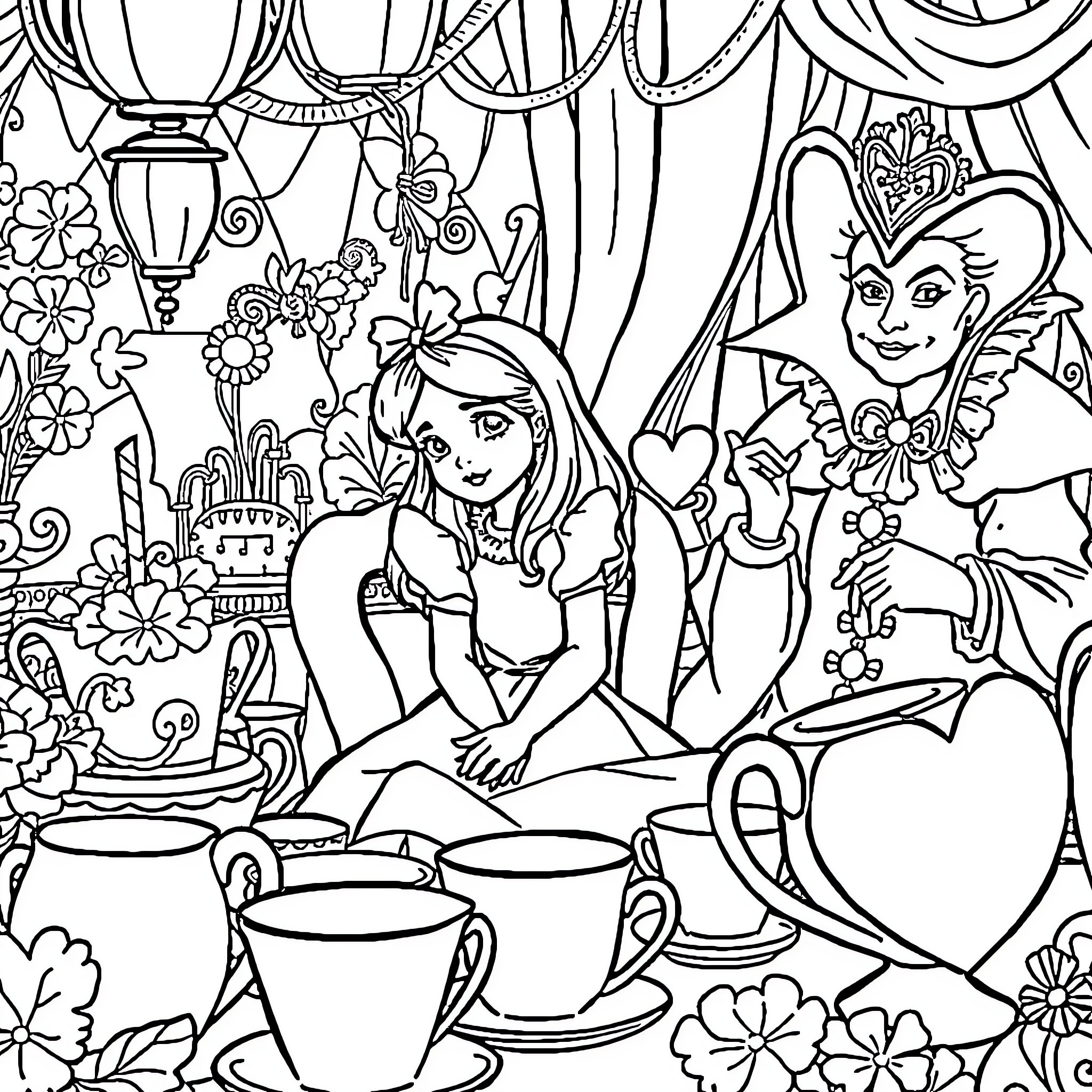 Alice's Enchanted Tea Party Coloring Page (free black-and-white line drawing printable PDF for all, from beginners to advanced learners, including children, teens, adults, and seniors)
