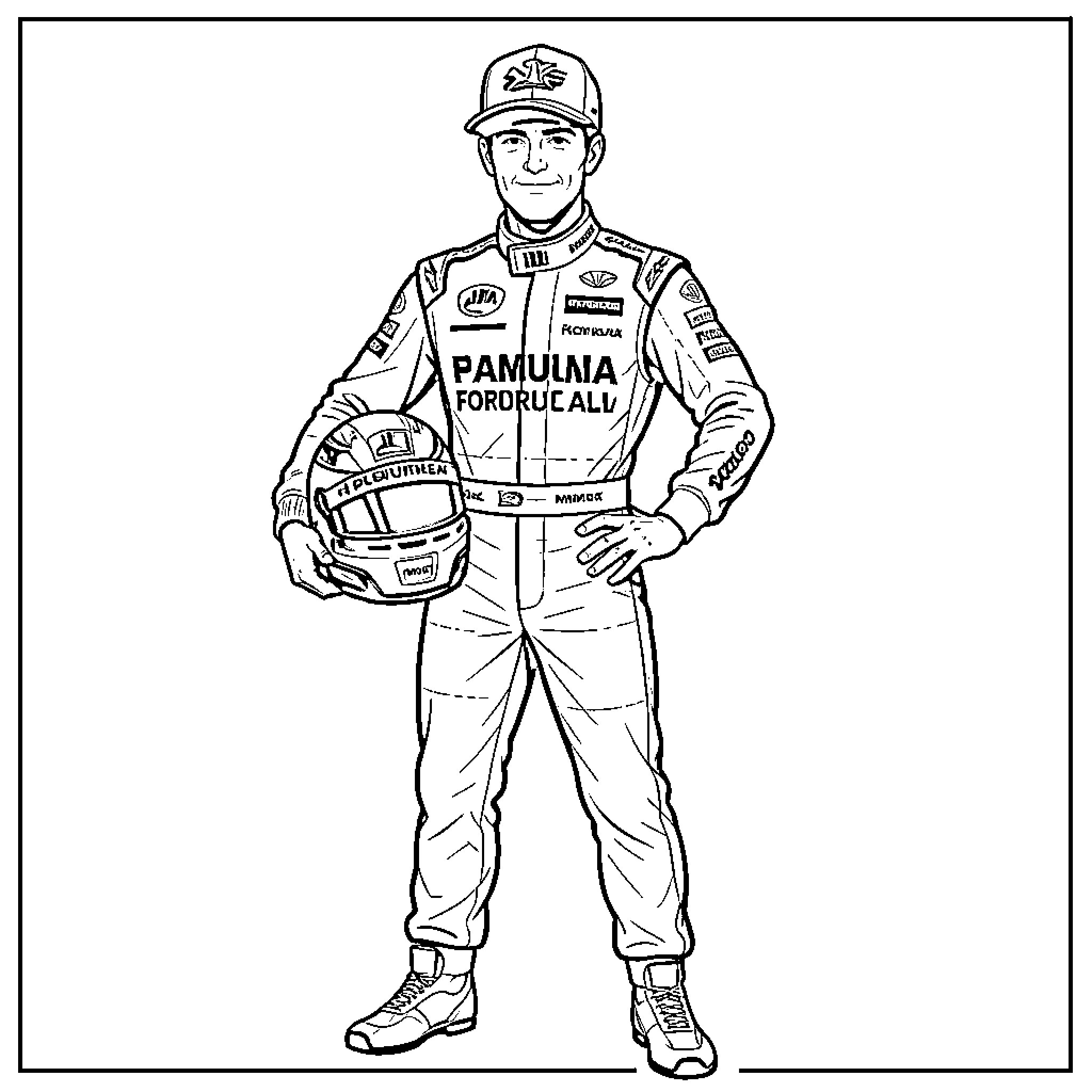 Mate Racing Driver in Uniform Holding Helmet Coloring Page (free black-and-white line drawing printable PDF for all, from beginners to advanced learners, including children, teens, adults, and seniors)