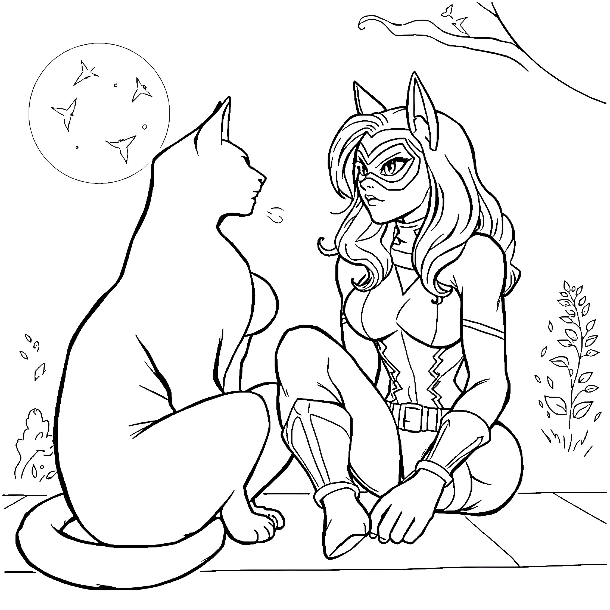 Cat and girl with animal ears in nature Coloring Page (free black-and-white line drawing printable PDF for all, from beginners to advanced learners, including children, teens, adults, and seniors)