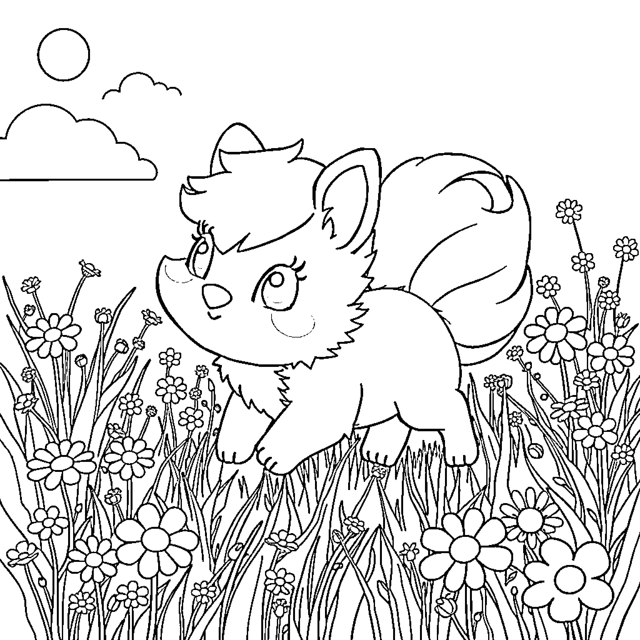 Frores Furry Friend in Flower Field Coloring Page (free black-and-white line drawing printable PDF for all, from beginners to advanced learners, including children, teens, adults, and seniors)