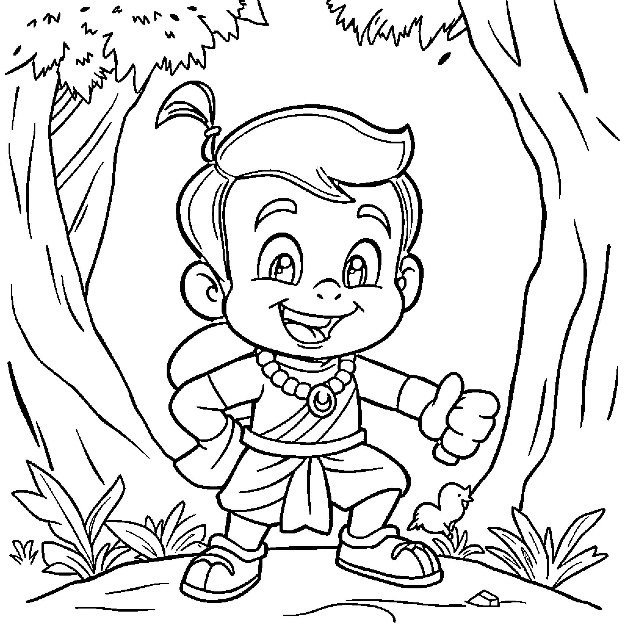 Chhota Bheem enjoying the forest scenery Coloring Page (free black-and-white line drawing printable PDF for all, from beginners to advanced learners, including children, teens, adults, and seniors)