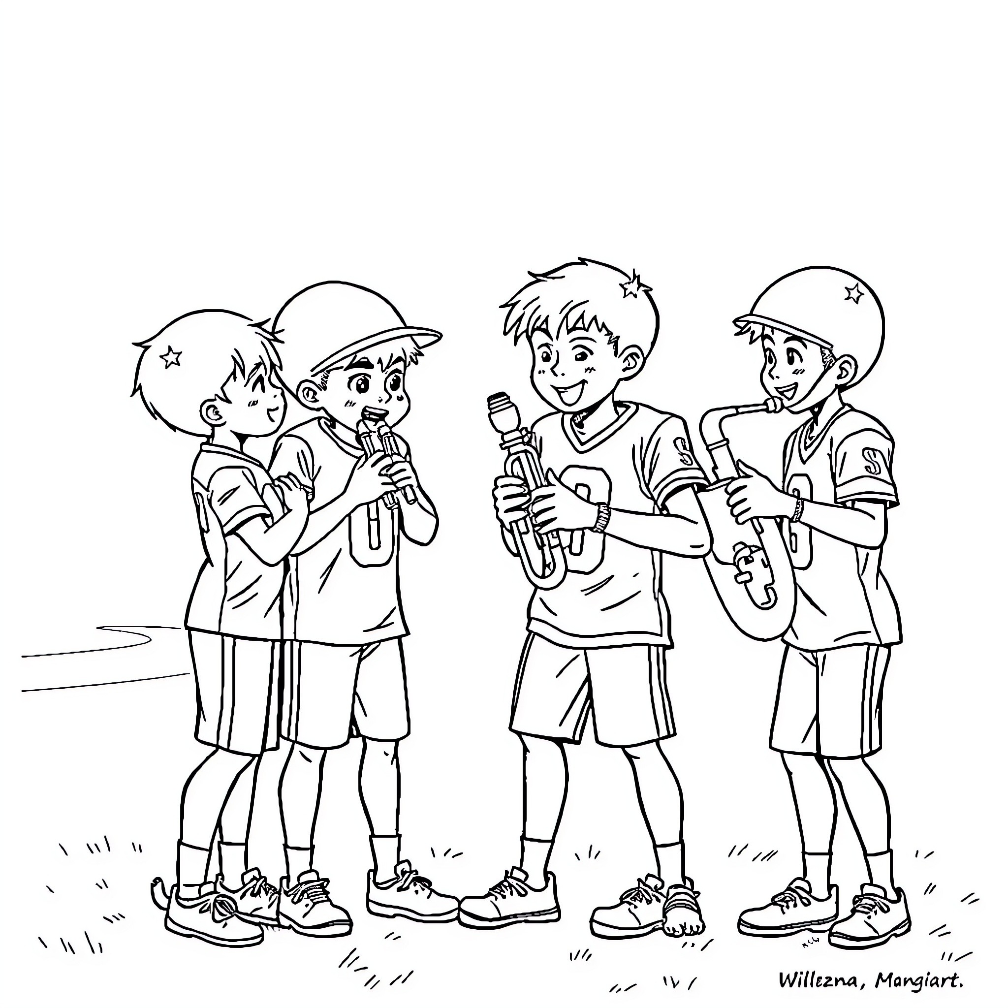 Band Kids Performing Together Happily Coloring Page (free black-and-white line drawing printable PDF for all, from beginners to advanced learners, including children, teens, adults, and seniors)