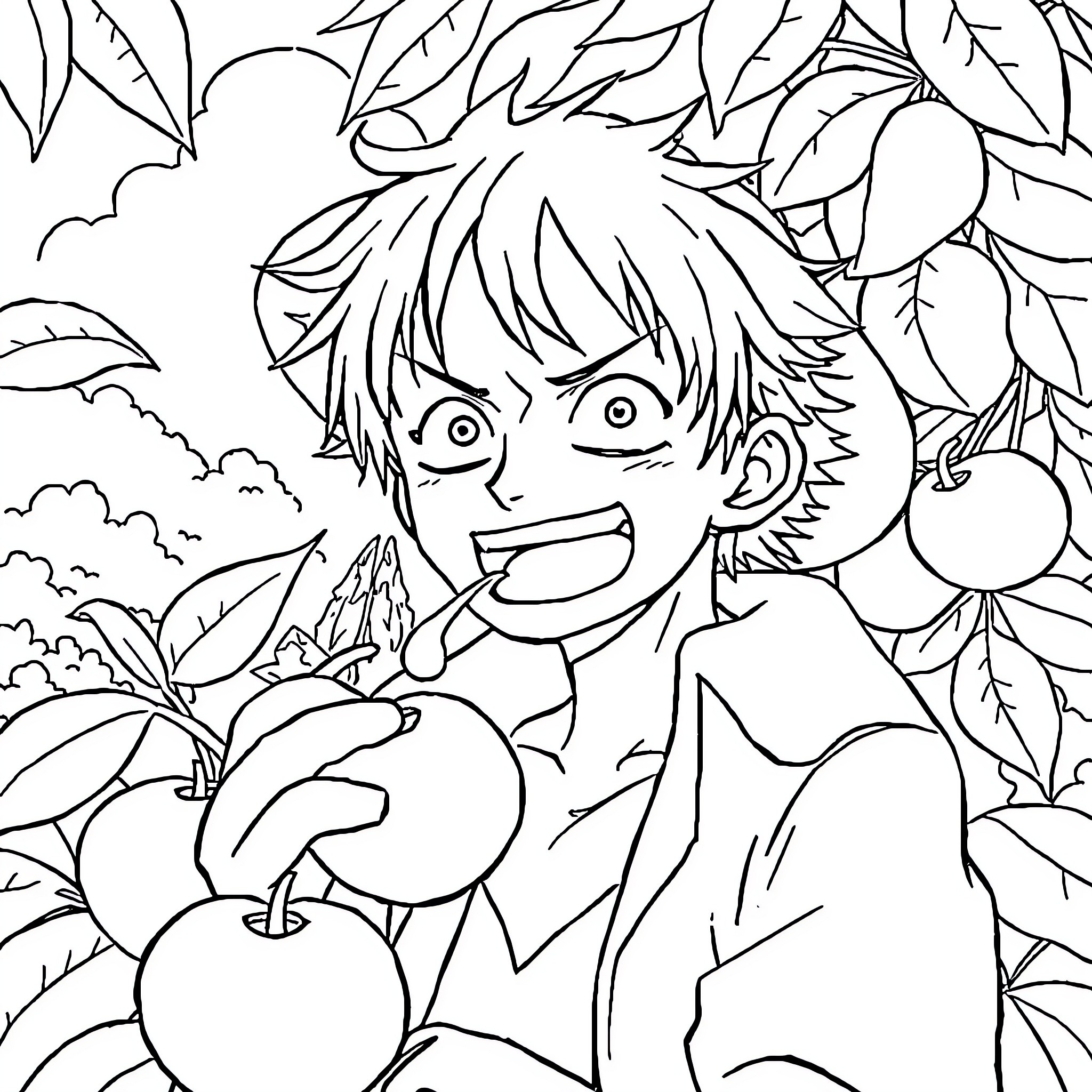 Luffy enjoying the fruit in nature Coloring Page (free black-and-white line drawing printable PDF for all, from beginners to advanced learners, including children, teens, adults, and seniors)