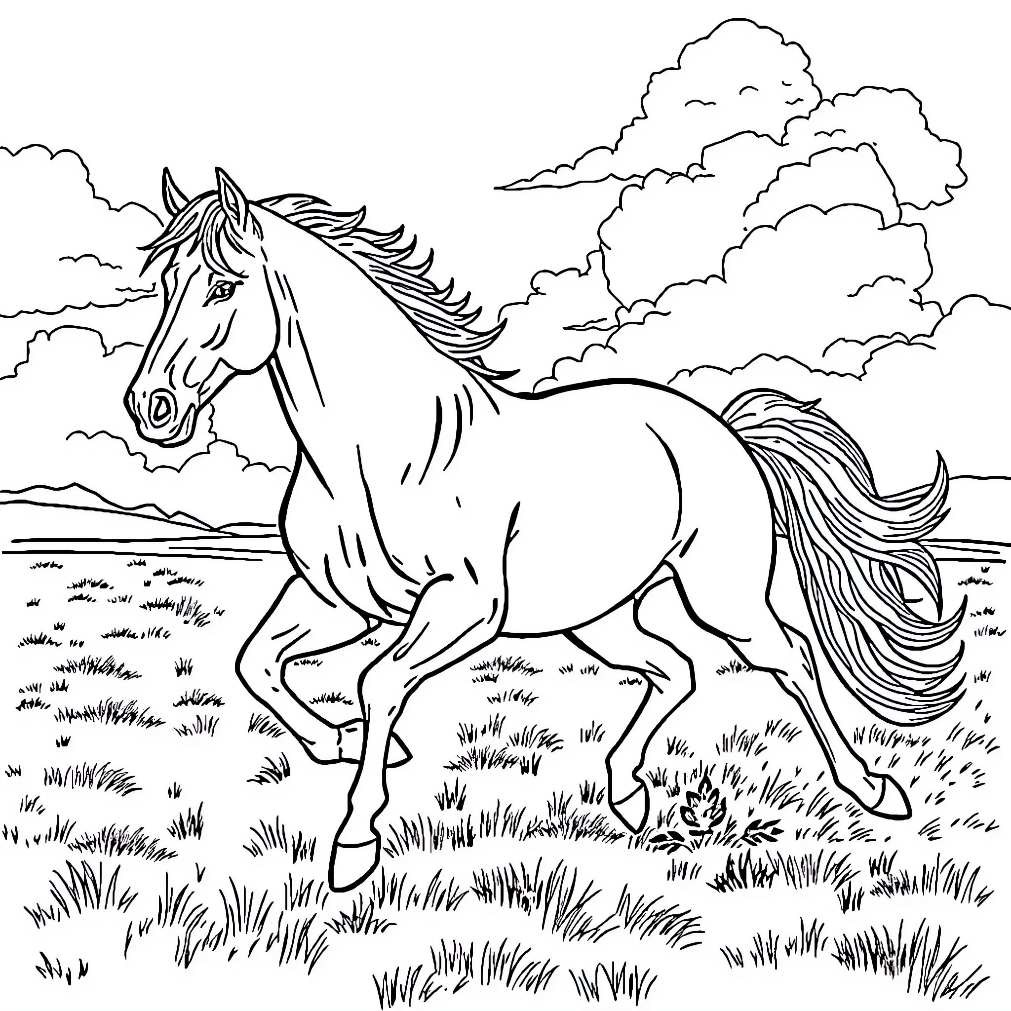 Horse running freely through the grassy field Coloring Page (free black-and-white line drawing printable PDF for all, from beginners to advanced learners, including children, teens, adults, and seniors)
