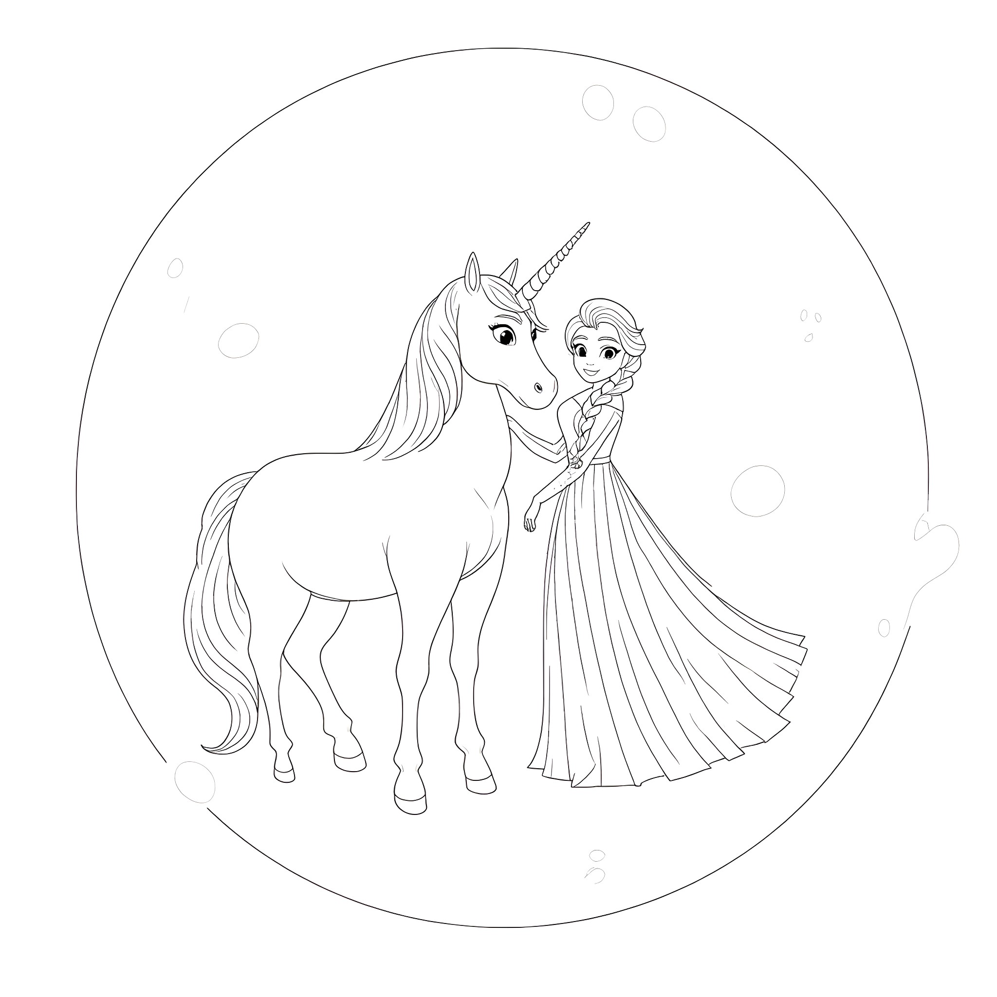 Unicorn and Princess in Enchanted Forest Coloring Page (free black-and-white line drawing printable PDF for all, from beginners to advanced learners, including children, teens, adults, and seniors)