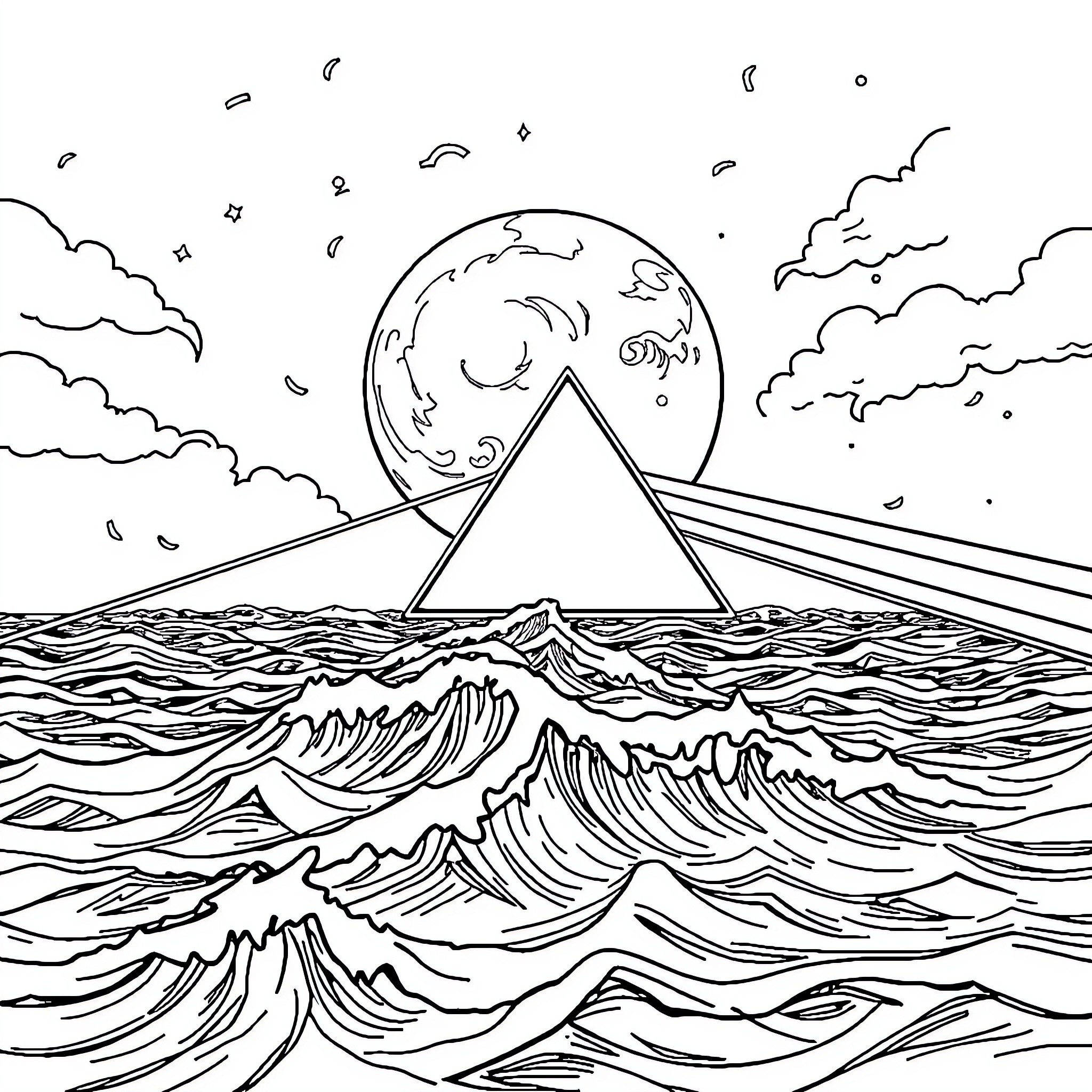 Disco Night on the Stormy Waves Coloring Page (free black-and-white line drawing printable PDF for all, from beginners to advanced learners, including children, teens, adults, and seniors)