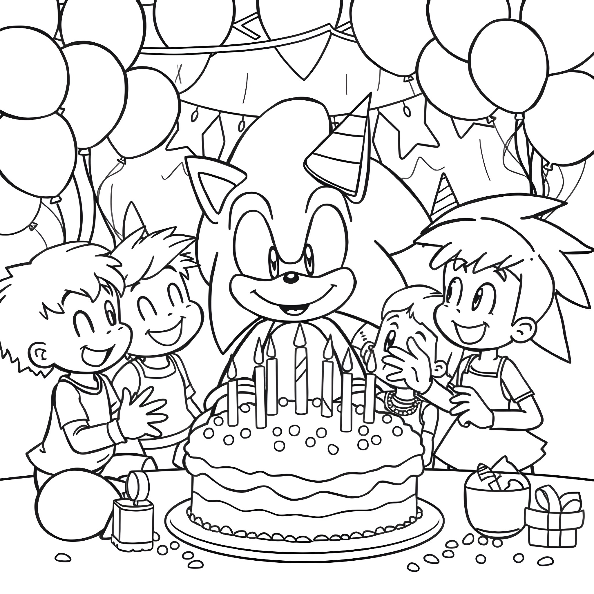 Sonic's Birthday Party with Friends Coloring Page (free black-and-white line drawing printable PDF for all, from beginners to advanced learners, including children, teens, adults, and seniors)