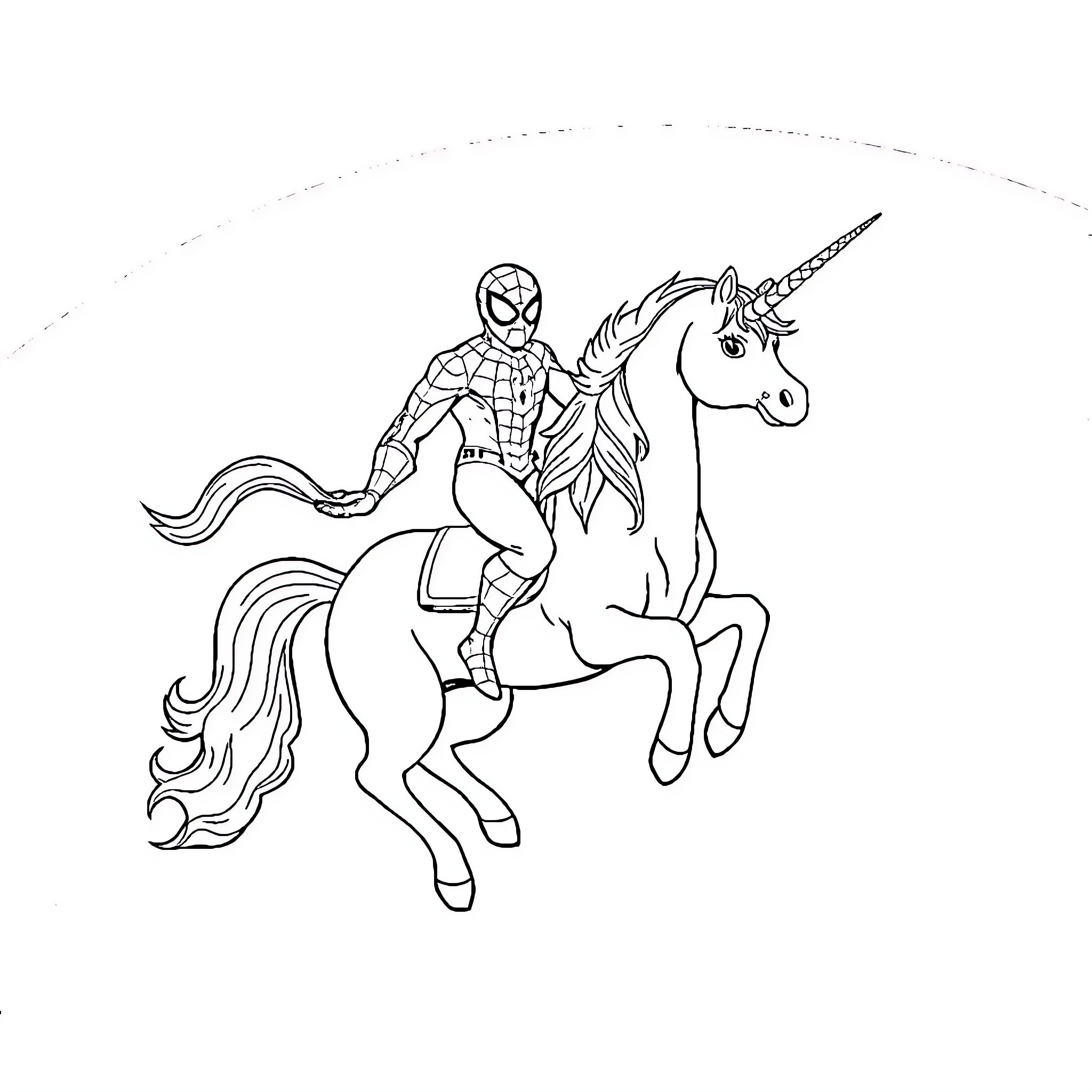 Spiderman riding a unicorn with determination Coloring Page (free black-and-white line drawing printable PDF for all, from beginners to advanced learners, including children, teens, adults, and seniors)