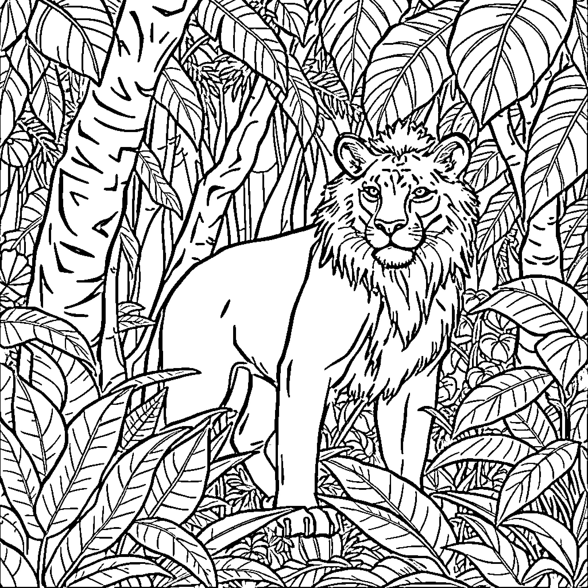 Lion in the Lush Jungle Foliage Coloring Page (free black-and-white line drawing printable PDF for all, from beginners to advanced learners, including children, teens, adults, and seniors)