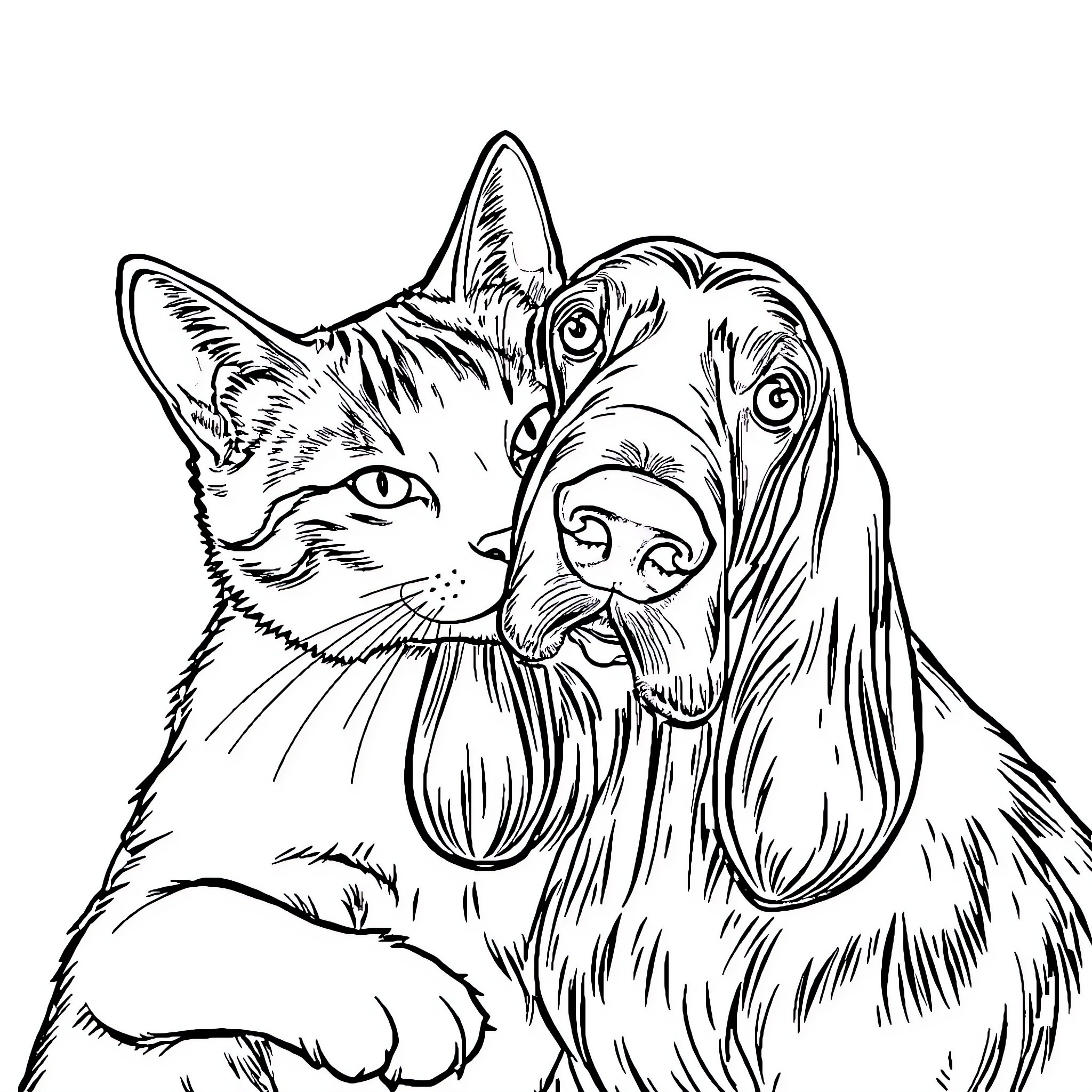 Gato and Companion in Harmonious Embrace Coloring Page (free black-and-white line drawing printable PDF for all, from beginners to advanced learners, including children, teens, adults, and seniors)