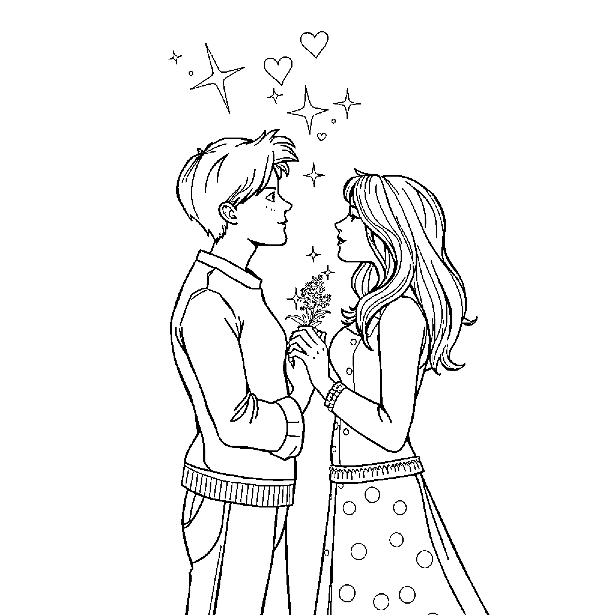 Love shared between young couple Coloring Page (free black-and-white line drawing printable PDF for all, from beginners to advanced learners, including children, teens, adults, and seniors)