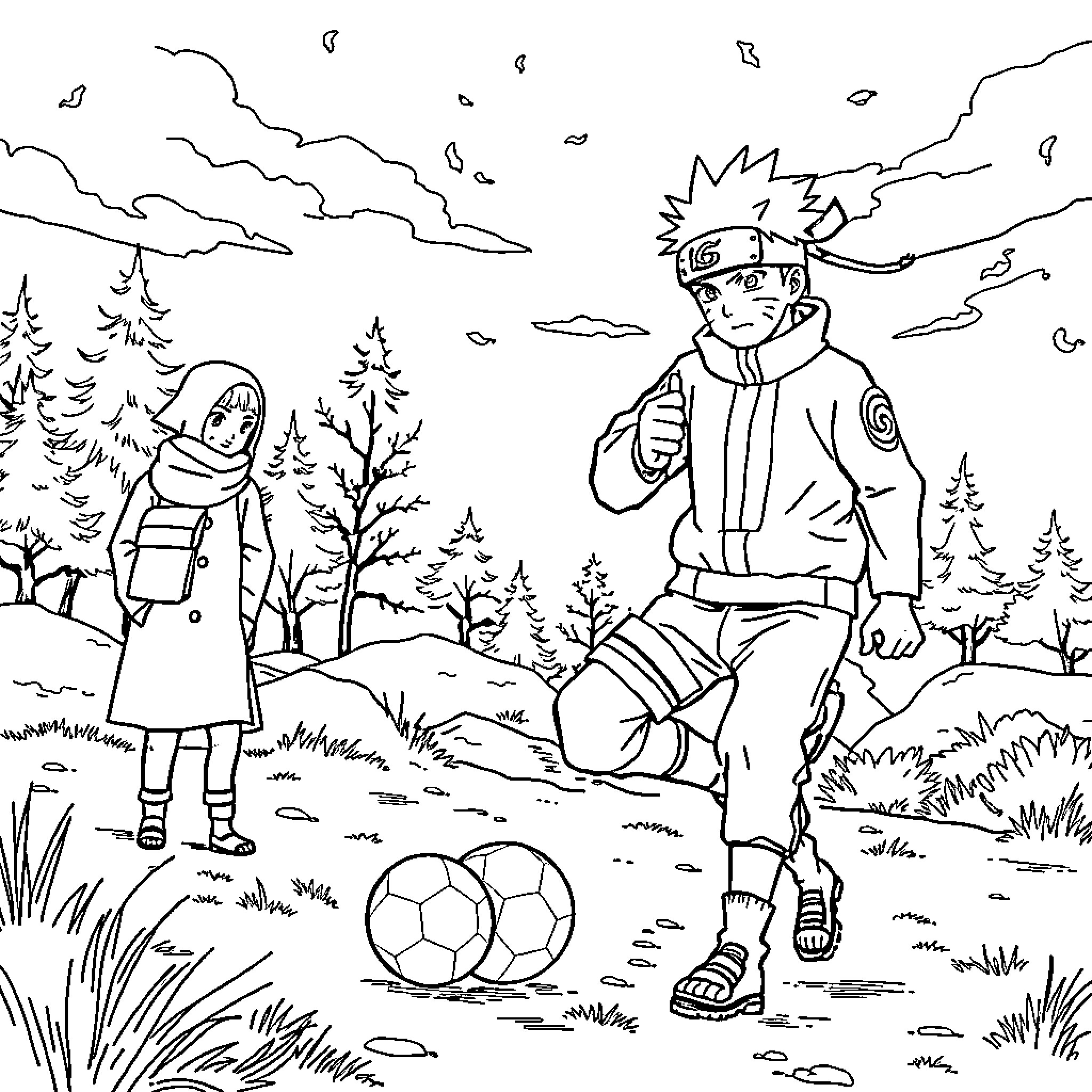 Naruto and Hinata playing soccer in the forest Coloring Page (free black-and-white line drawing printable PDF for all, from beginners to advanced learners, including children, teens, adults, and seniors)