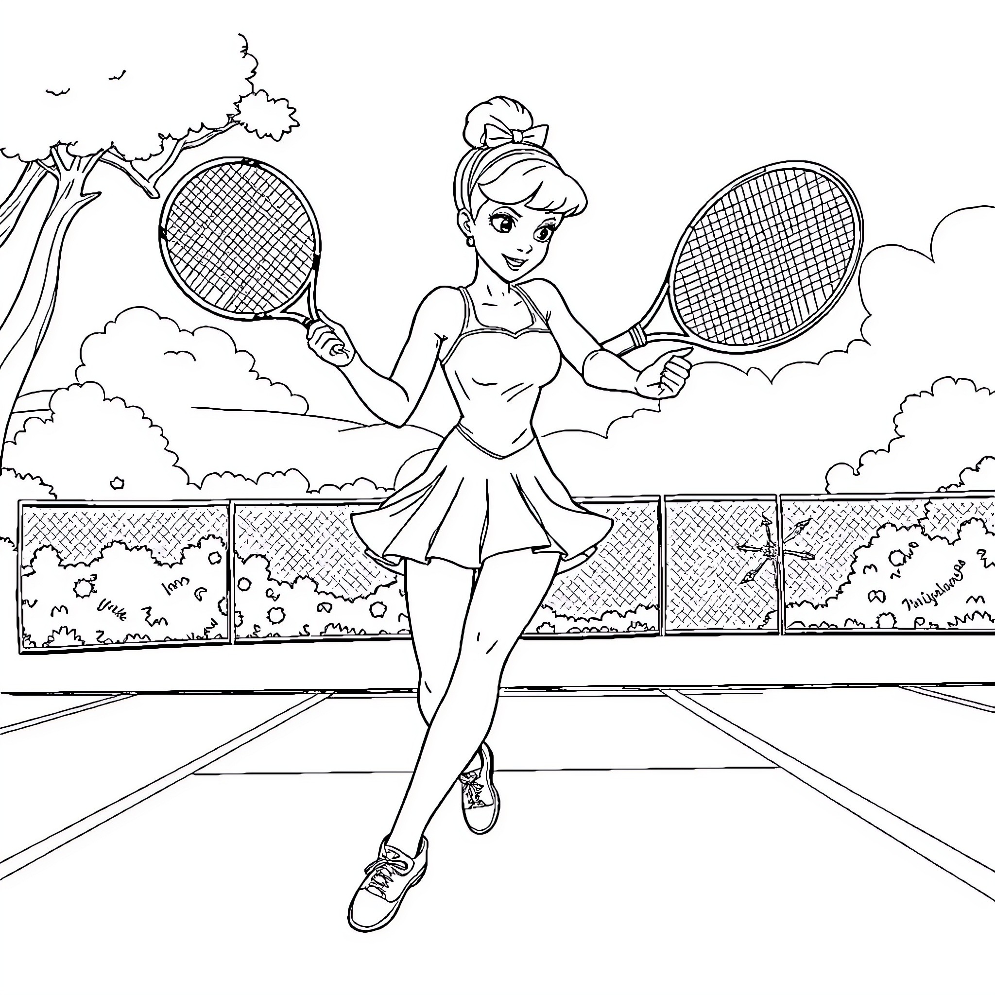 Cinderella playing tennis on the court Coloring Page (free black-and-white line drawing printable PDF for all, from beginners to advanced learners, including children, teens, adults, and seniors)